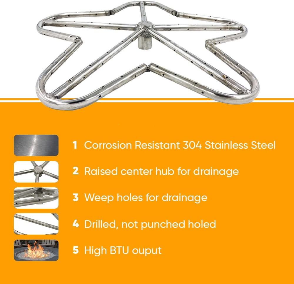 HPC Penta Match Lit Fire Pit Burner Kit with 18-Inch Stainless Steel Burner and 24-Inch Round Flat Pan, Natural Gas, Polished Chrome, with Flange, Key, Valve, Flex Line and Fittings