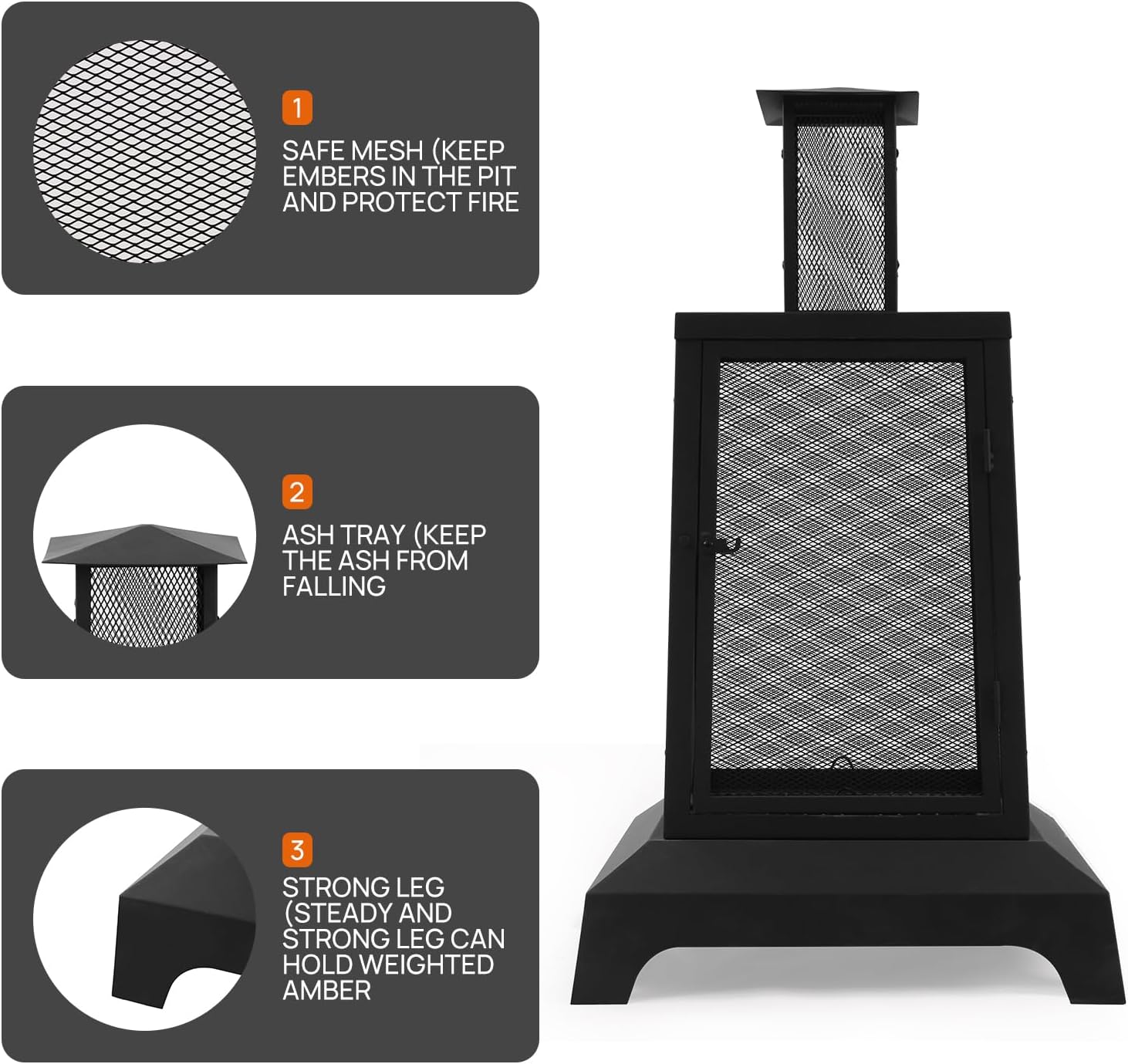 Walsport Chiminea Outdoor Fireplace, 43 Inch Wood Burning Fire Pit with Grill Grate and Spark Screen Cover, Outdoor Fire Pit for Patio, Backyard, Deck Porch and Camping (Black) ﻿