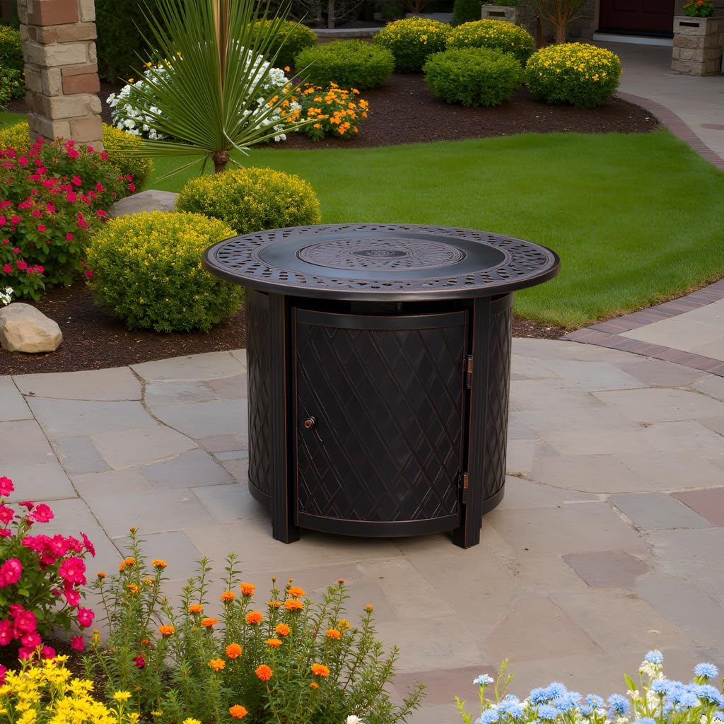 Wagner Woven Aluminum Convertible Gas Fire Pit Table 37,000 BTU Multi-Functional Outdoor with Fire Bowl Lid, Nylon Weather Cover & Clear Fire Glass - Bronze Finish - Round - 33