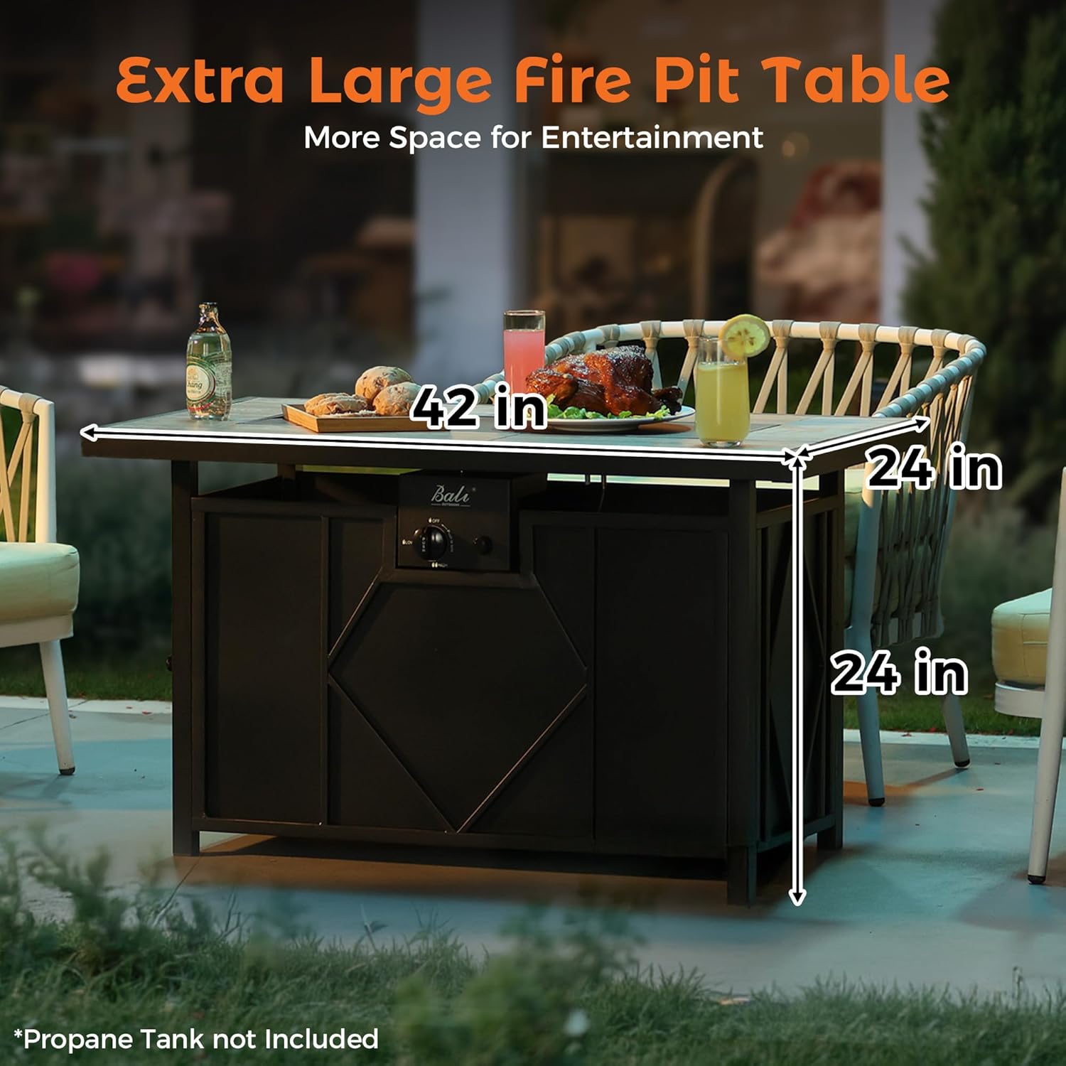 BALI OUTDOORS 42 inch Propane Fire Pit Patio Outdoor Fire Pit Table Large Black Firepits for Outside Rectangular