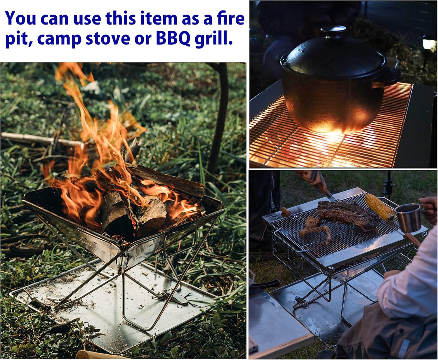 CAMPINGMOON 3-in-1 Portable Stainless Steel Wood Burning Grill and Fire Pit 14x15.35-inch with Carrying Bag MT-035