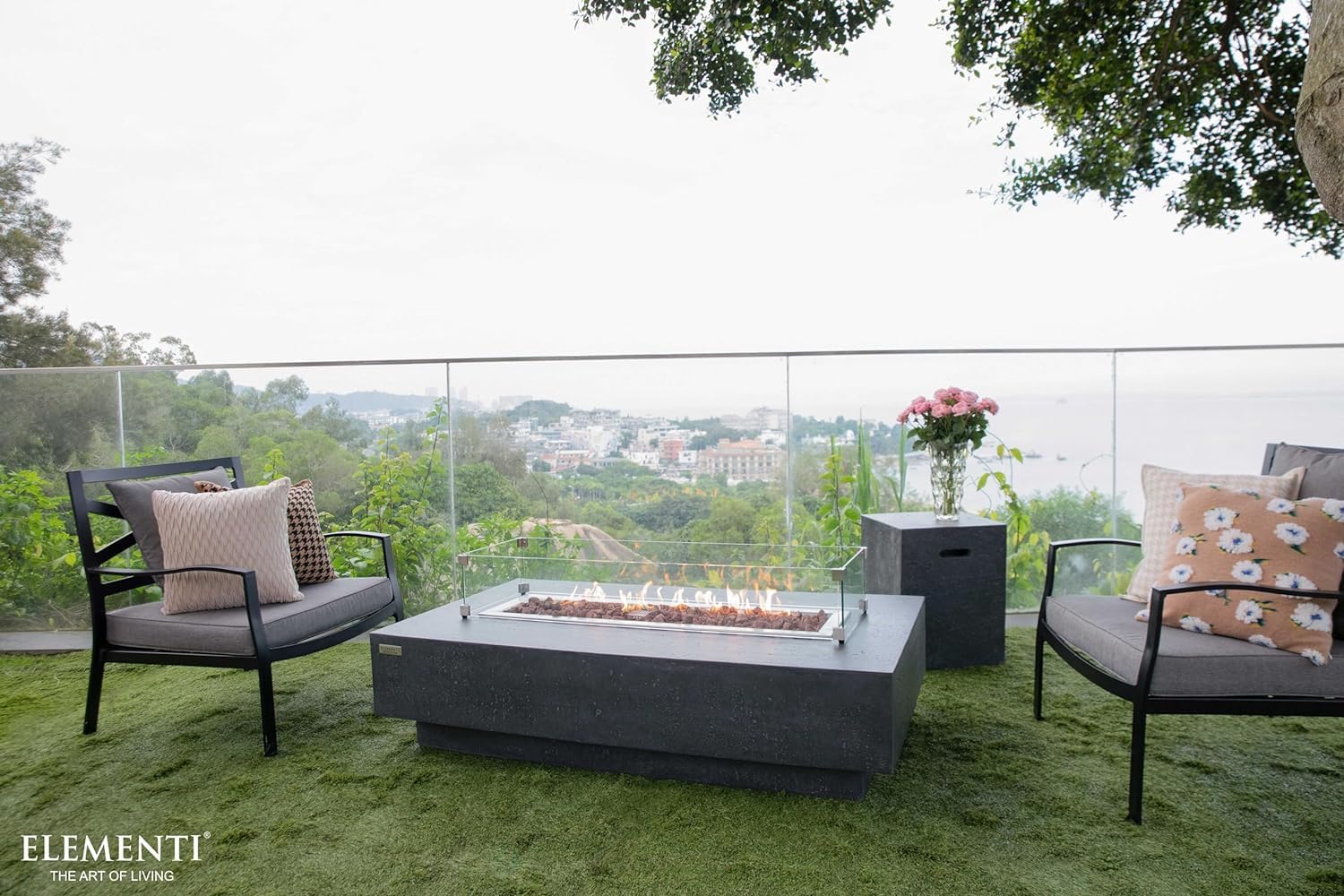 Elementi Hampton Gas Fire Pit Bundle Concrete Fire Table, Outdoor Fire Pit Electronic Ignition | Canvas Cover, Lava Rock Included | Free AMS Wind Guardt | Dark Gray (Propane Gas)