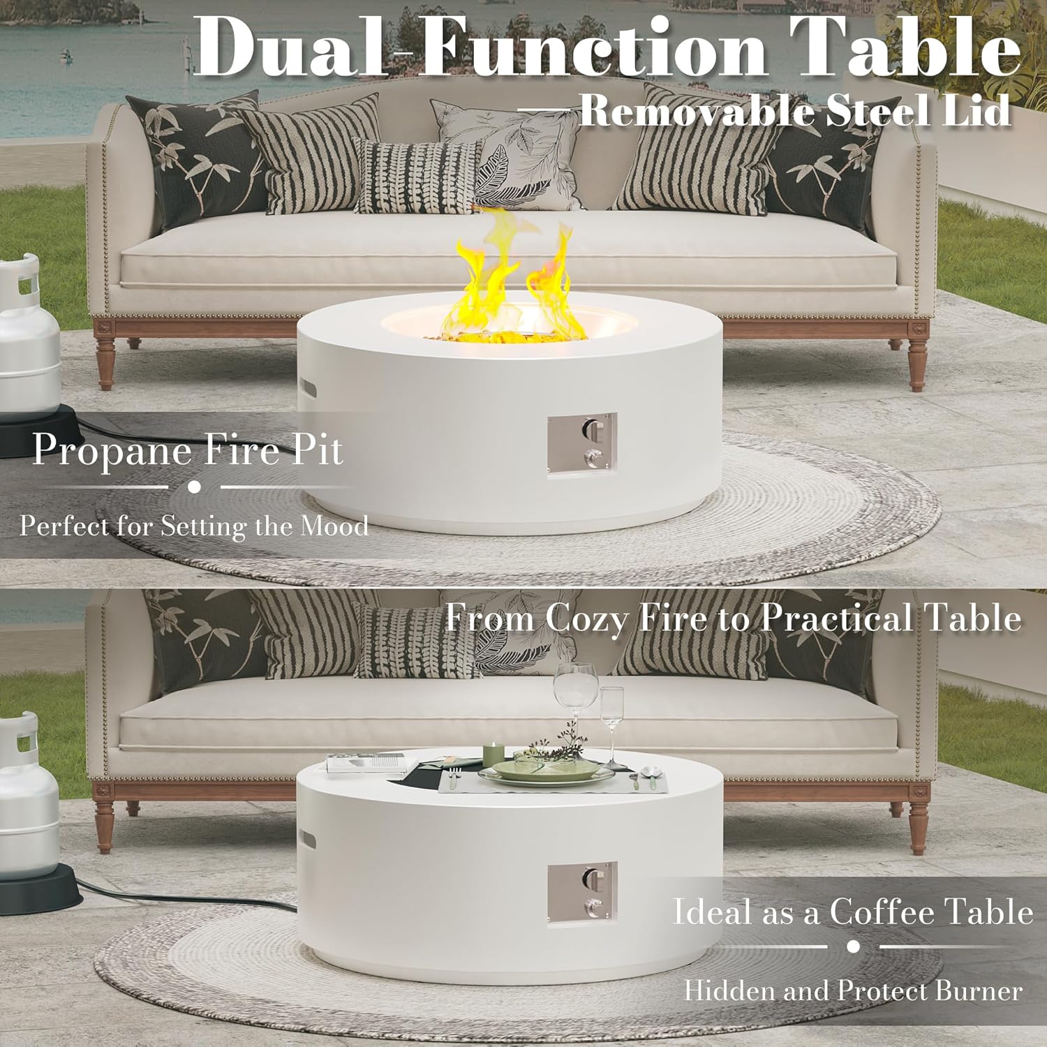 32.5 Inch Propane Fire Pit Table, 50,000 BTU Round Patio Fire Pit Table Outdoor, CSA Certified, Stainless Burner with Steel Lid, Waterproof Cover & Lava Rocks, for Backyard Garden, White