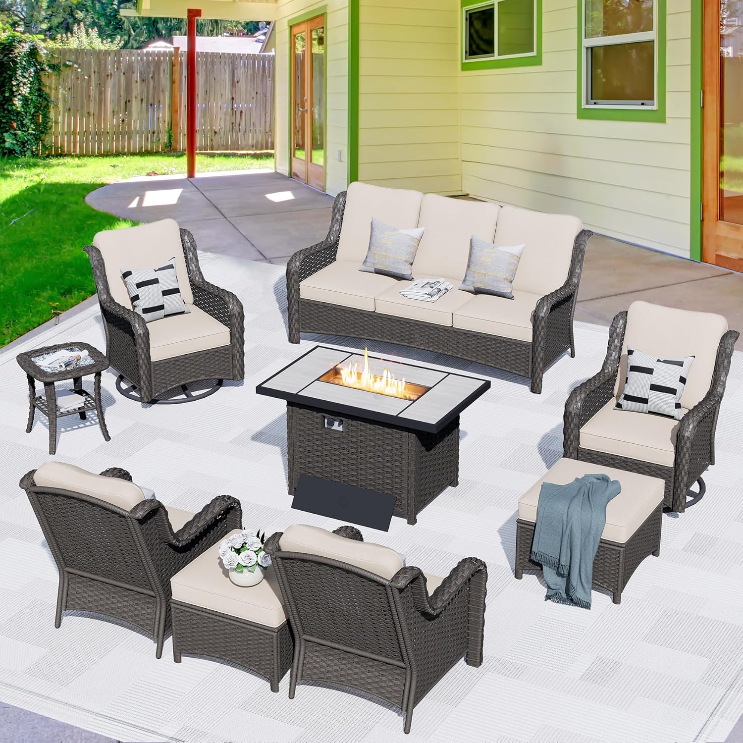 HOOOWOOO Patio Outdoor Furniture Set with Propane Fire Pit Table Swivel Chair,9 Piece Modern Wicker Couch Sofa, Outside Summer Conversation Seating Ottoman Set(Beige Tan)