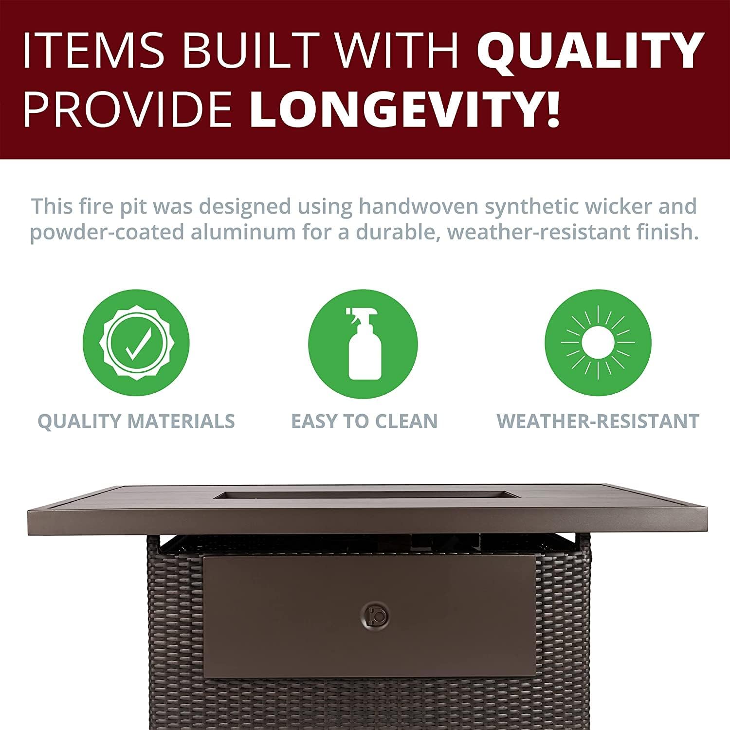 52 inch Outdoor Propane Fire Pit Table 50,000 BTU Patio Firepit Outdoor,Rectangle Fire Table with Lid, Aluminum Tabletop, Rattan Wicker, Auto-Ignition, Wind Guard (Brown)