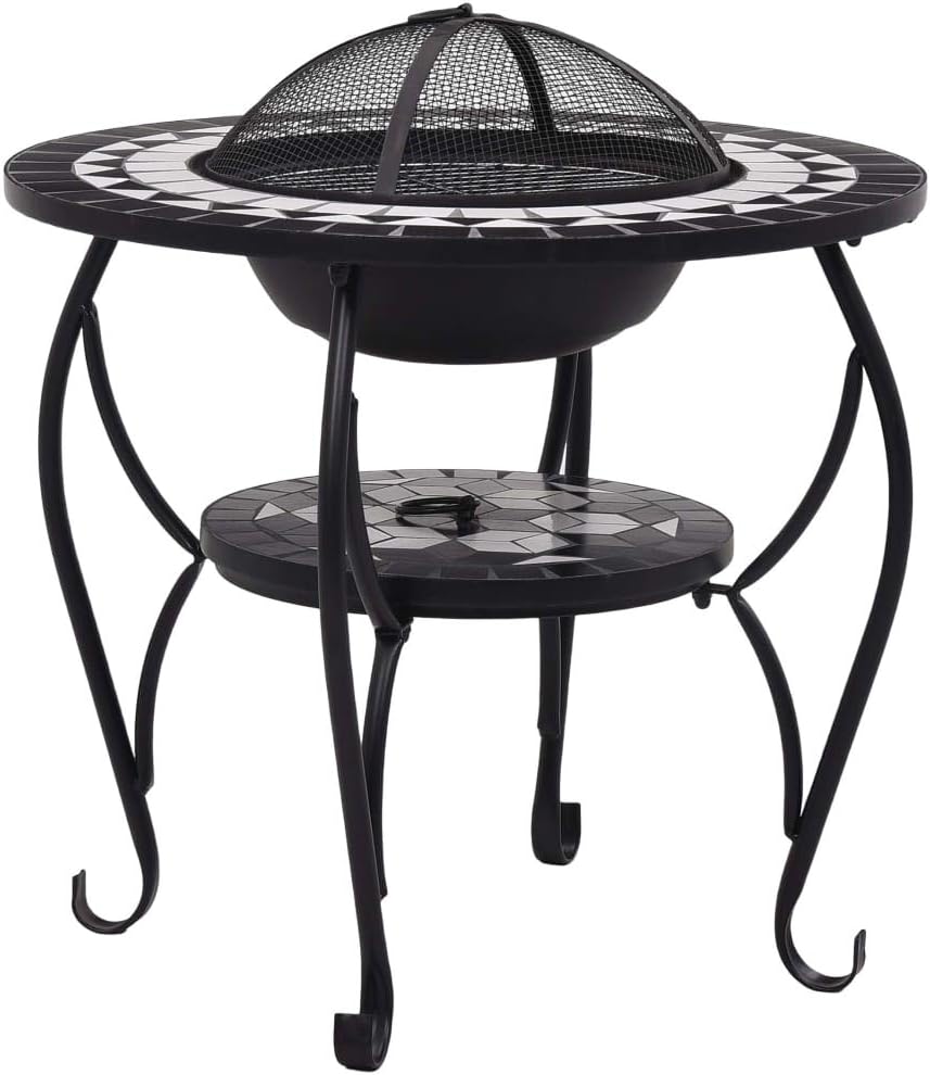 Multifunctional Fire Pit Table, Patio Decorative Table, Round Table for Camping, Outdoor Heating, Campfire and Picnic,Mosaic Fire Pit Table Black and White 26.8