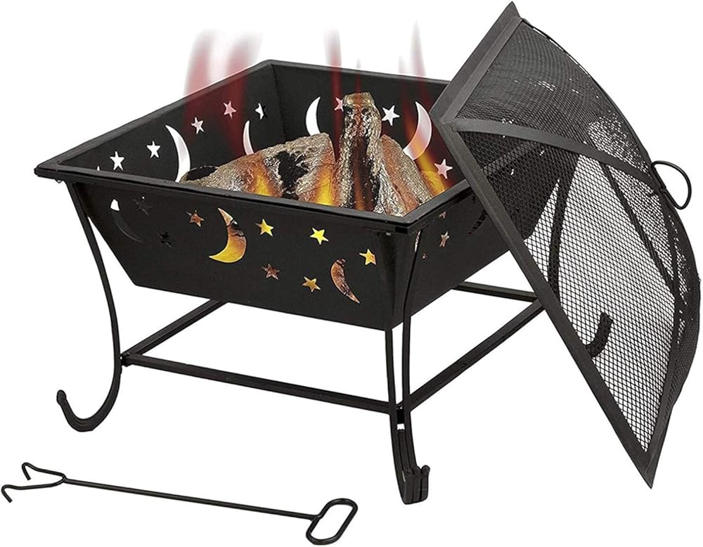 Fire Pits Wood Burning 24 in Outdoor Fire Pit, Bonfire Wood Burning Steel Grill with Square Mesh Spark Screen Cover