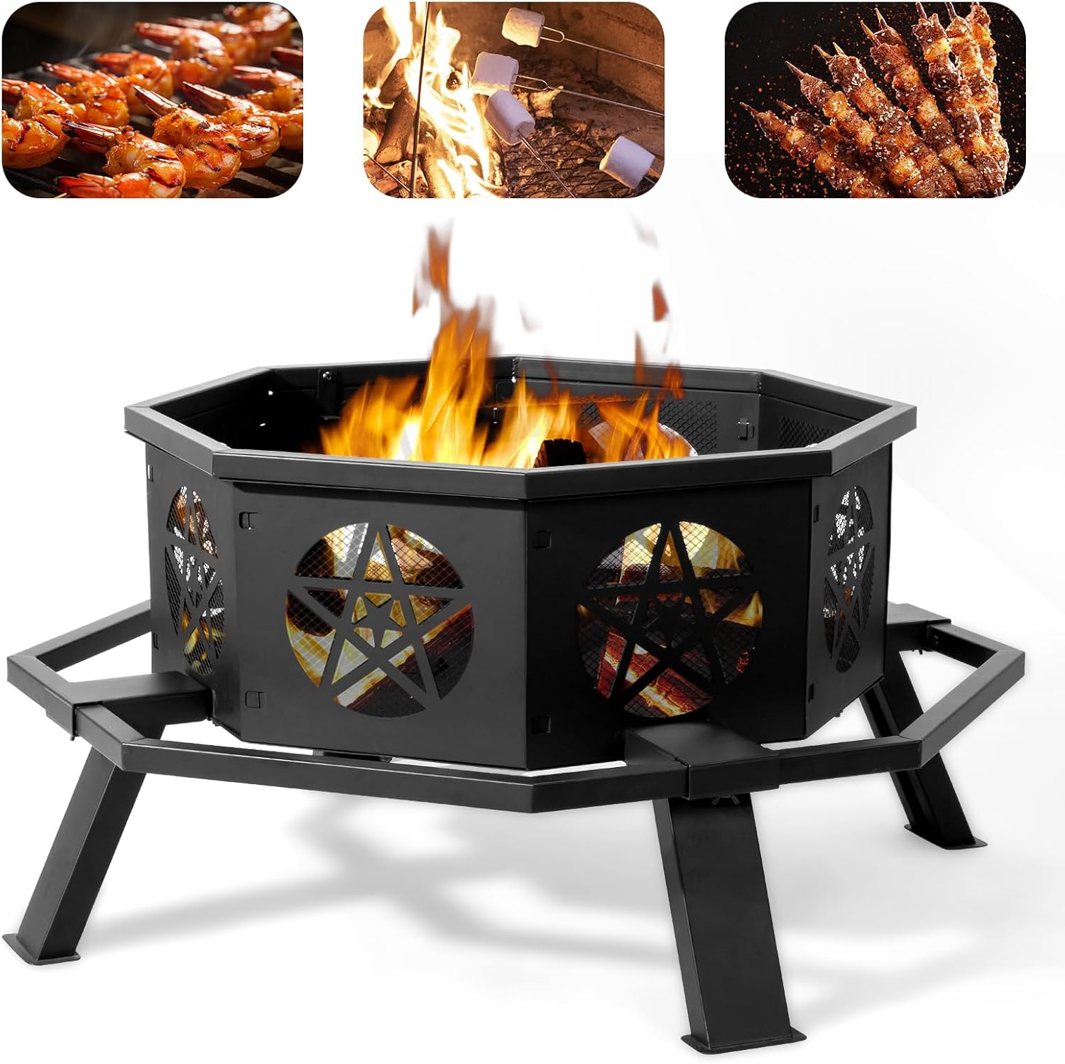35 Inch Outdoor Fire Pit, Octagonal Alloy Steel Fire Bowl with Ventilation Bottom, Cutout Wall for Better Airflow, 4 Riser Protection, Foot Pedals, and Poker for Patio, Backyard, and Garden Bonfires