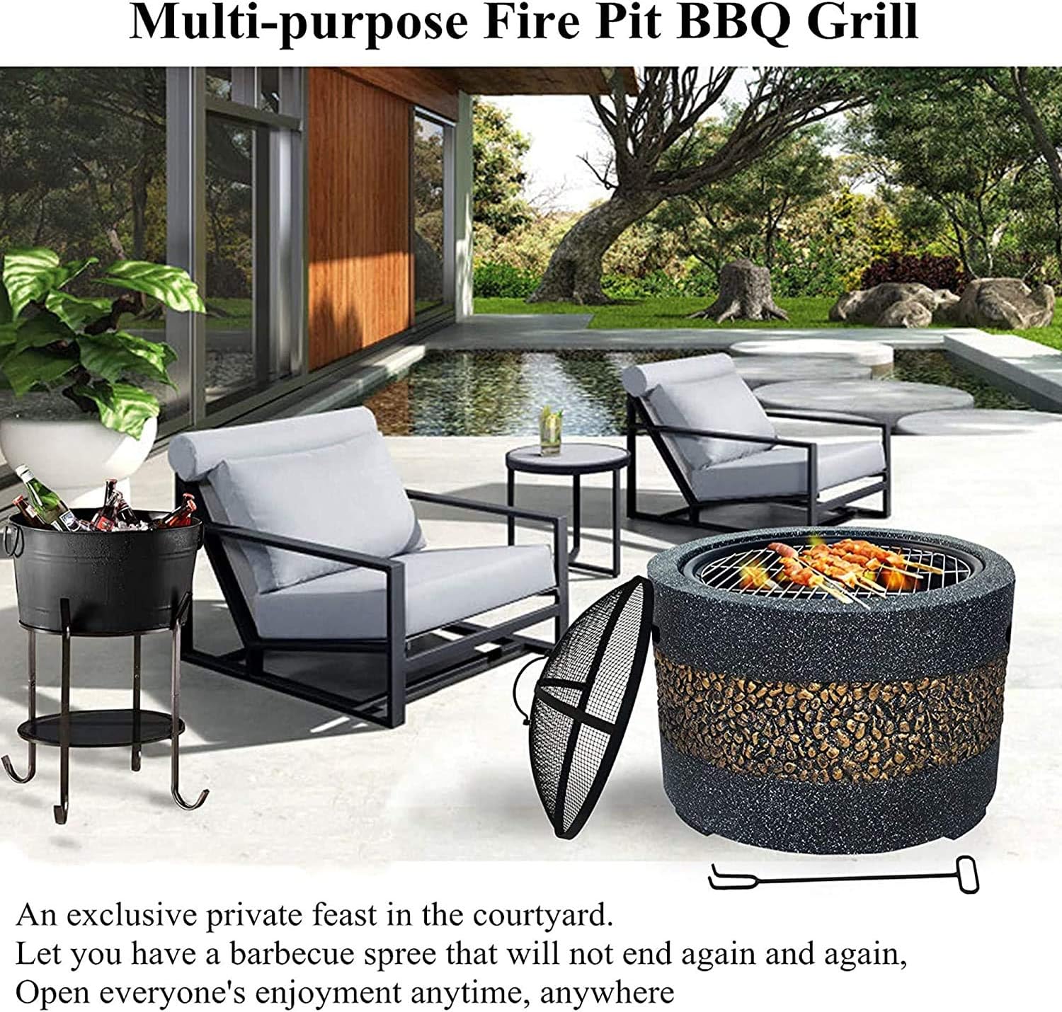 Courtyard Heating Stove, Charcoal Grill, Barbecue Grill, Round Fire Pit Grill, Wood-Burning Grill, Outdoor Grill Brazier, with Mesh Screen