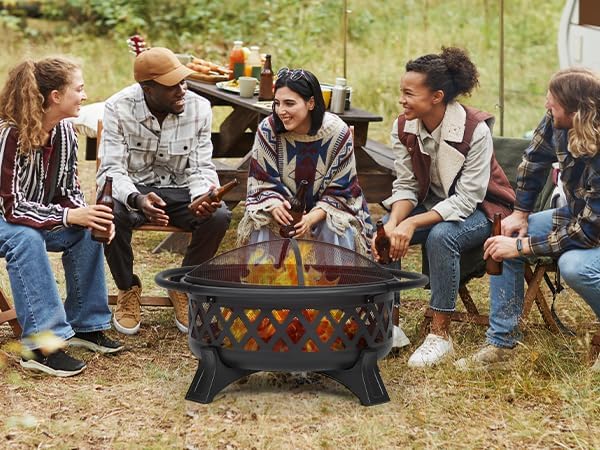 Outdoor Fire Pit 36 Inch Large Wood Burning with Lid Poker, Heavy Duty Round BBQ Firepit & Cold Rolled Steel for Outside, Patio, Picnic, Party