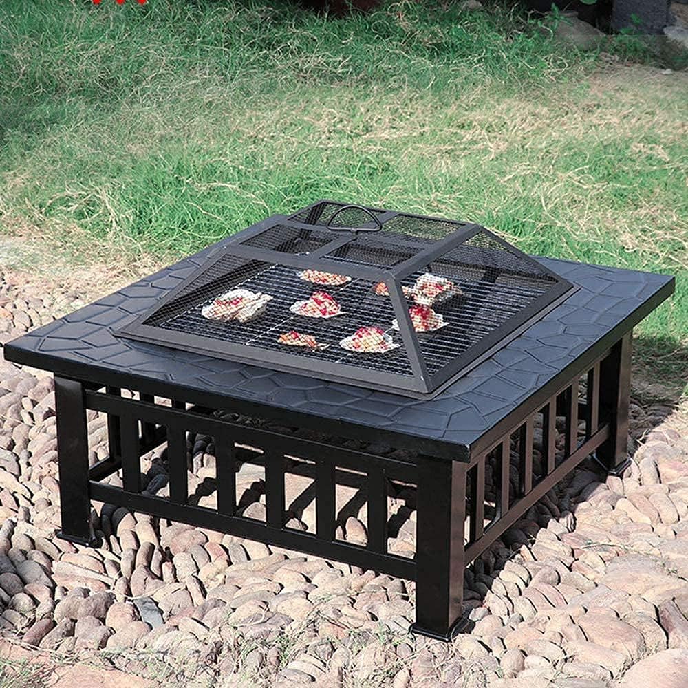 Fire Pit with BBQ Grill Shelf, Fire Bowl for Garden and Patio, Outdoor Garden Fire Pit with Mesh Cover