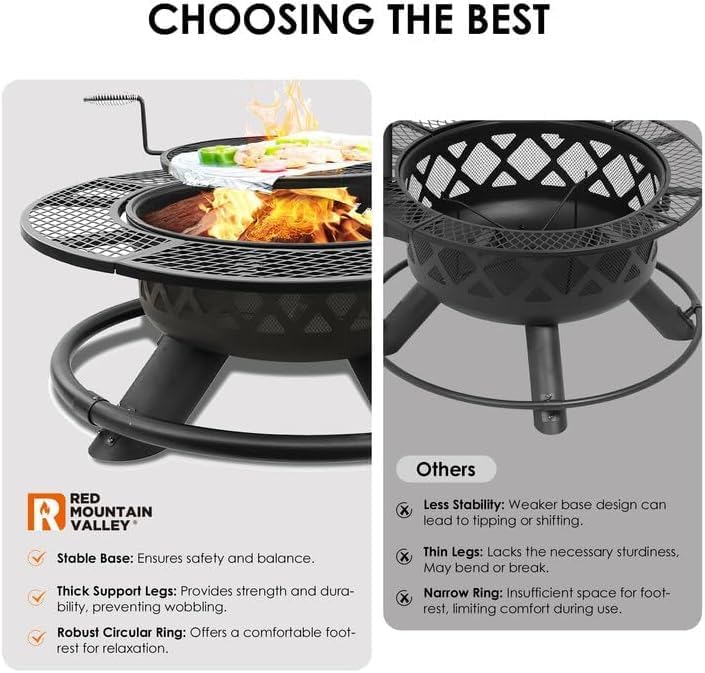 47 Inch Fire Pit for Outside, Wood Burning Firepit with BBQ Grill, Outdoor Metal Fire Pits, Heavy Duty Large Firepits for Backyard, Bonfire, Patio, Party, Picnic, Family Gathering