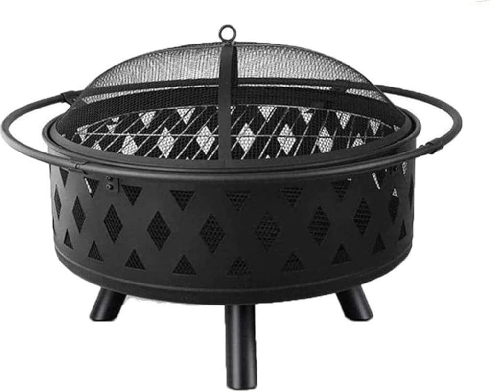 Outdoor Brazier Camping Fire Pit Camping Garden Patio Heater Fire Pits with Mesh Lid BBQ Grill Shelf Suitable for Bonfire Patio Backyard