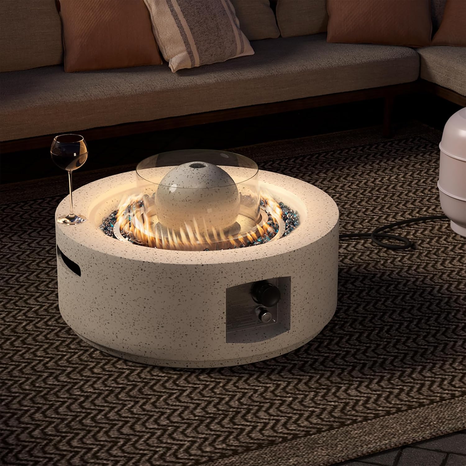 SUNBURY Outdoor Propane Fire Pit, Round Gas Fire Pit, 50,000 BTU 29 Inch Patio Fountain Fire Table Garden Decoration Concrete Gas Fire Table w Waterproof Cover, Blue Fire Glass, Spotted White