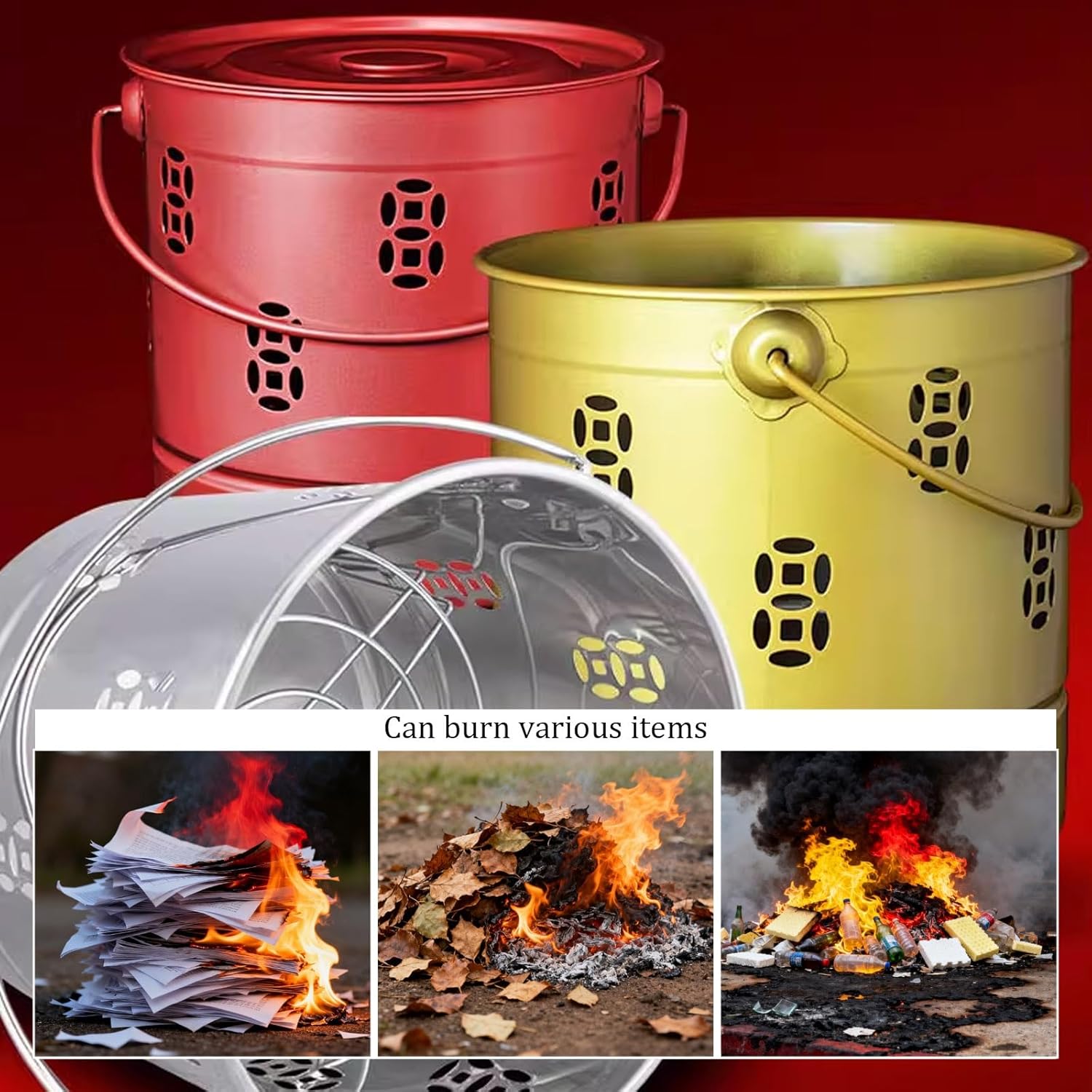 Stainless Steel Paper Burn Barrel, Carry Handle Incinerator Fire Pit for Ancestor Money Debris Wood Trash Leaves