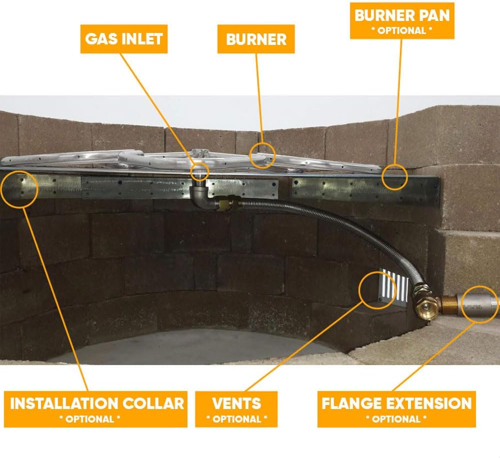HPC Match Lit Fire Pit Burner Kit (FPS48HCKIT-PAN-NG-MSCB), Round, 48-Inch Burner, 54-Inch Flat Pan, Natural Gas, Polished Chrome, with Flange, Key, Valve, Flex Line and Fittings