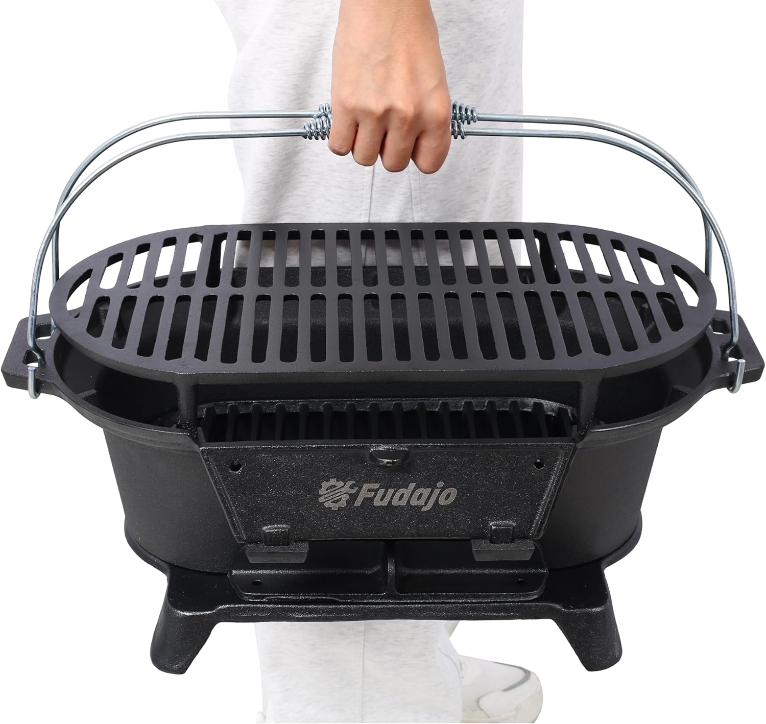 Oval Cast Iron Grill Outdoor, Portable Charcoal Grill and Tabletop Skillet - 100% Cast Iron, Enameled, Durable, Small Charcoal Grill, Camping Stove, Hibachi Grill (BLACK2)