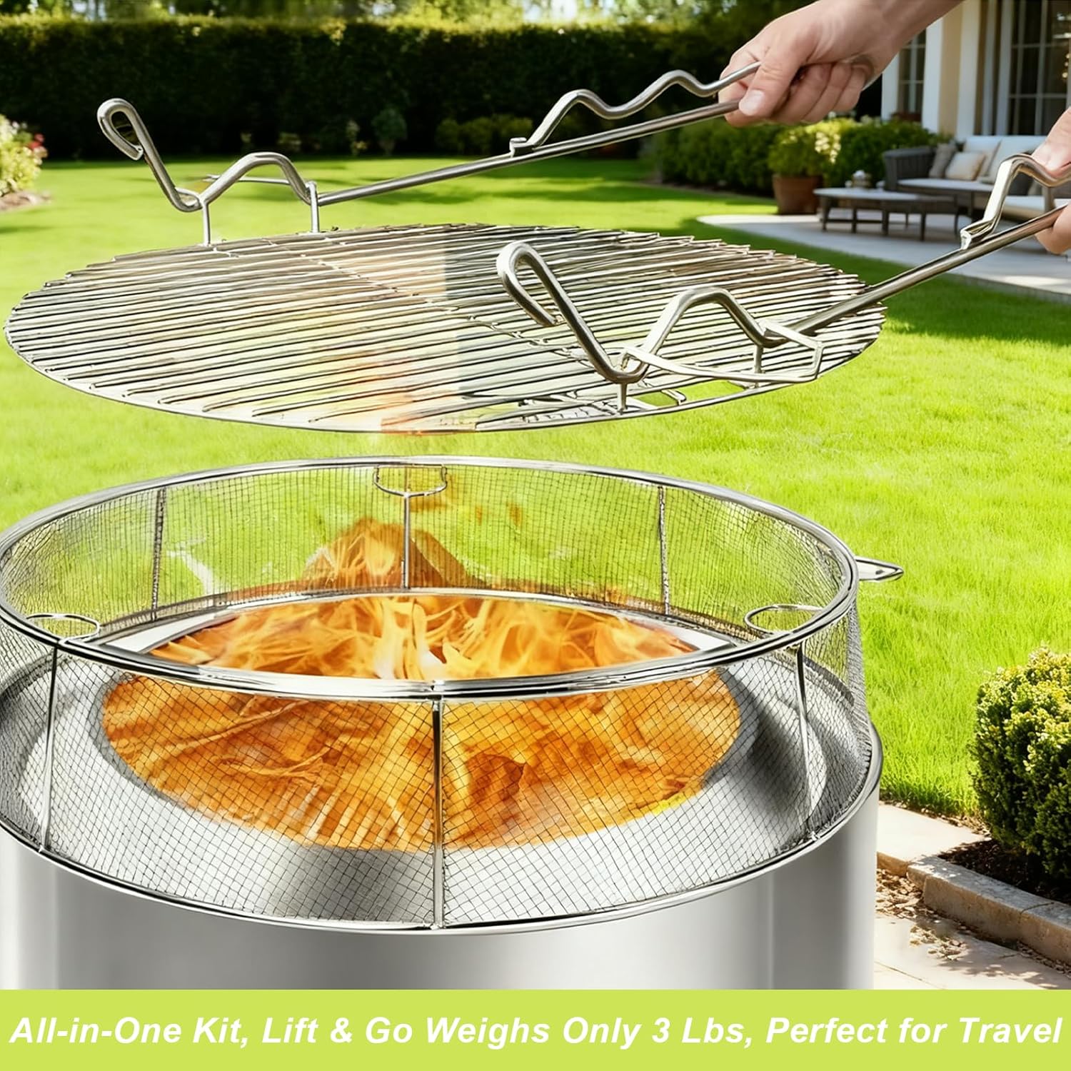 Fire Pit Spark Shield Cover & Cooking Grate for Solo Stove Bonfire 19.5 Inch, 304 Stainless Steel Fire Pit Accessories with Stand & 2 Guide Sticks, All-in-One Lid, Spark Screen and Grill Grate​​