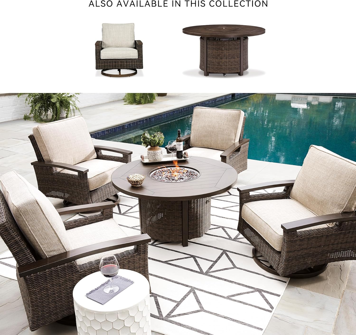 Signature Design by Ashley Paradise Trail Outdoor Round Wicker Patio Fire Pit Table, Brown