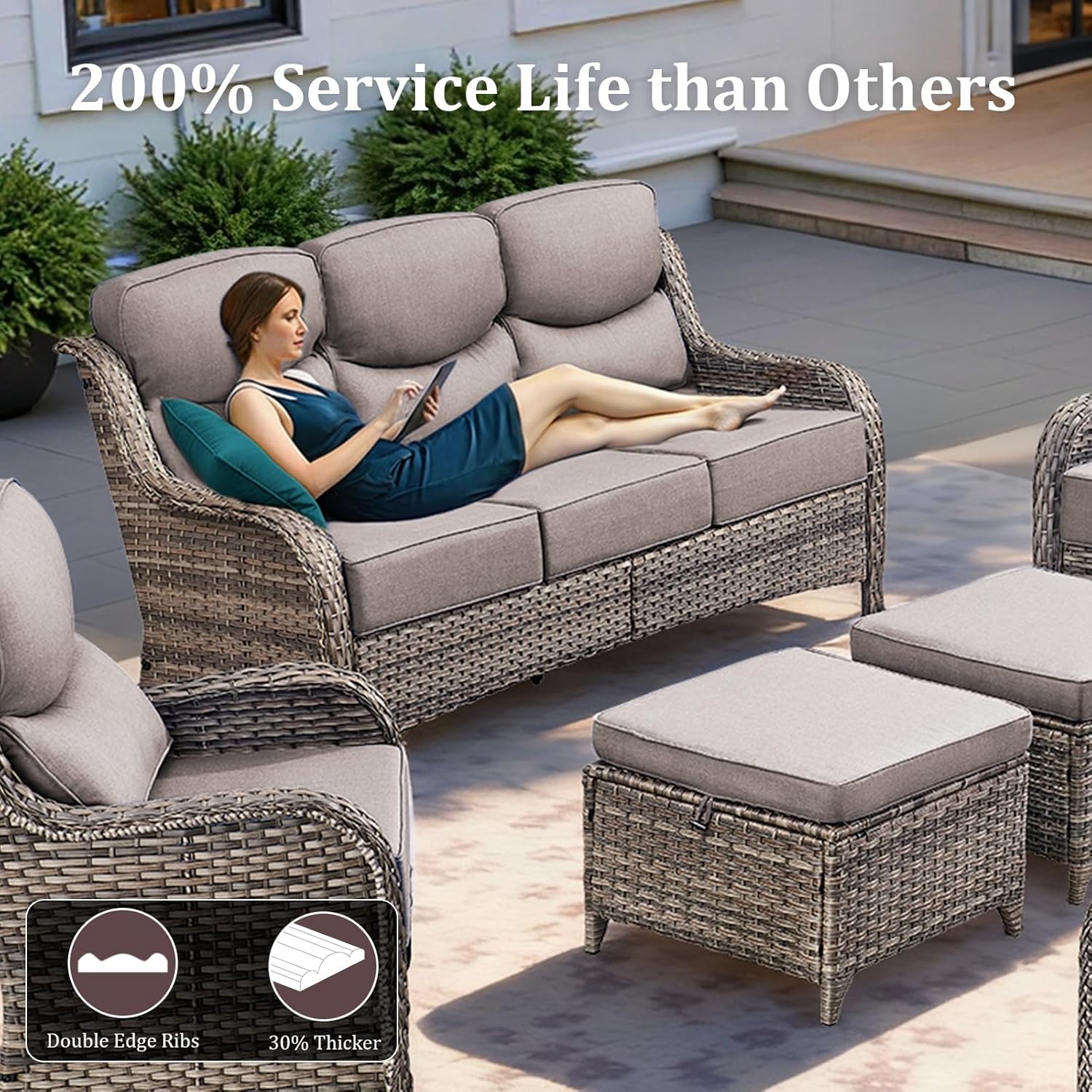 Luxury High Back Patio Furniture Set with Fire Pit Table & 6-Inch Thick Cushions, 4-Pieces Outdoor Furniture with Swivel Chairs, Wicker Conversation Set for Porch, Balcony, Deck and Yard, Grey