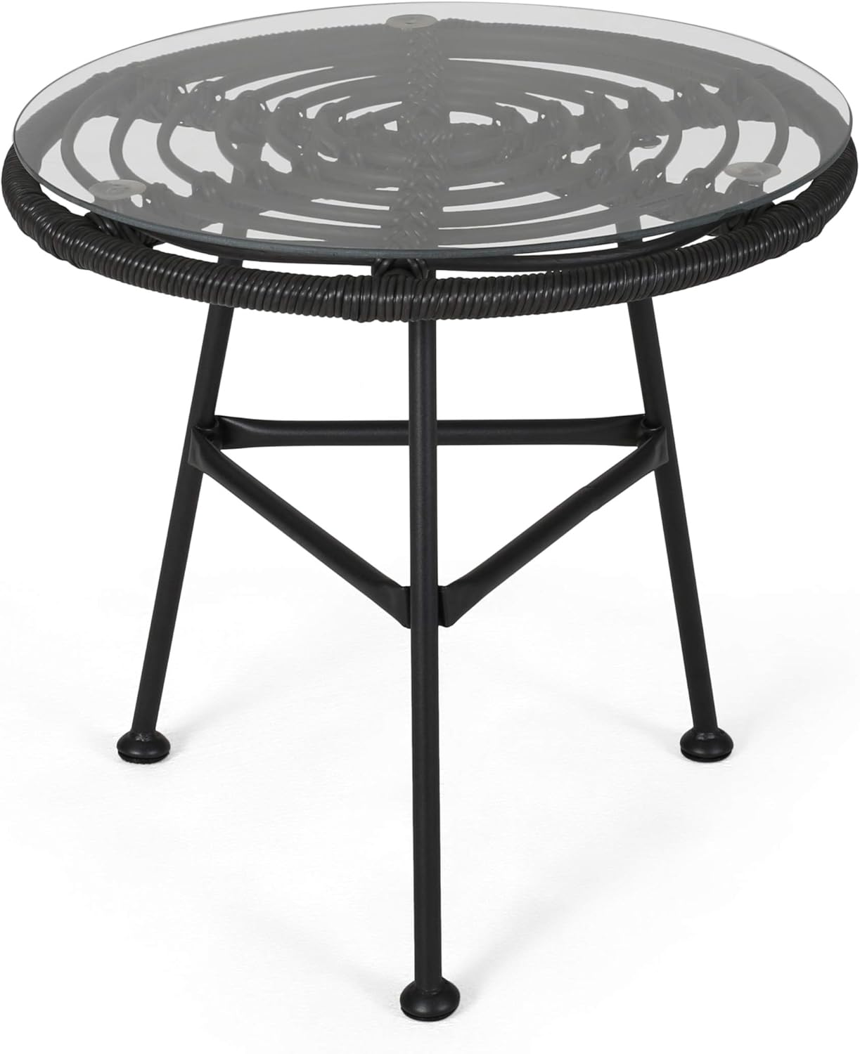Great Deal Furniture Noble House Orlando Outdoor Glass Top Faux Rattan Side Table in Gray