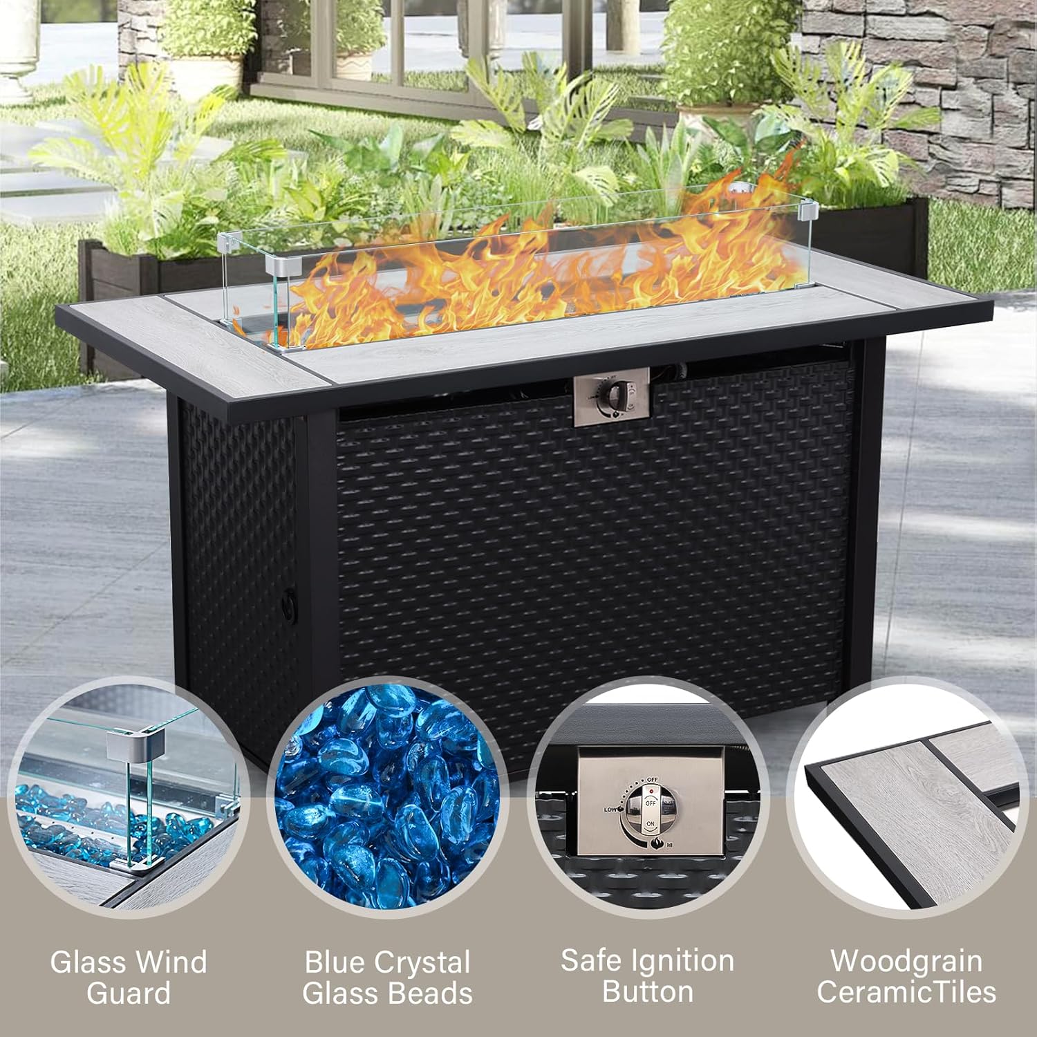 7 PCS Patio Furniture Set Outdoor Patio Furniture with 45-Inch Propane Fire Pit Table Outdoor Couch Patio Chairs Outdoor Conversation Set with Non-Slip Cushions Waterproof Covers, Khaki