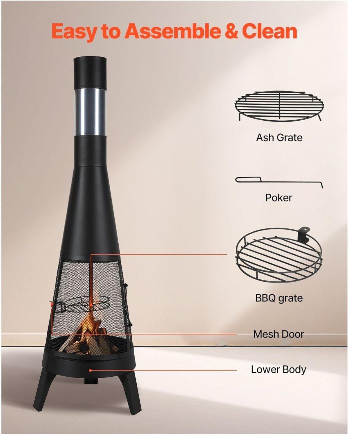 20 Inch Chiminea Wood Burning Firepit, Outdoor Conical Fireplace with Grill, Chimney Lid & Cover