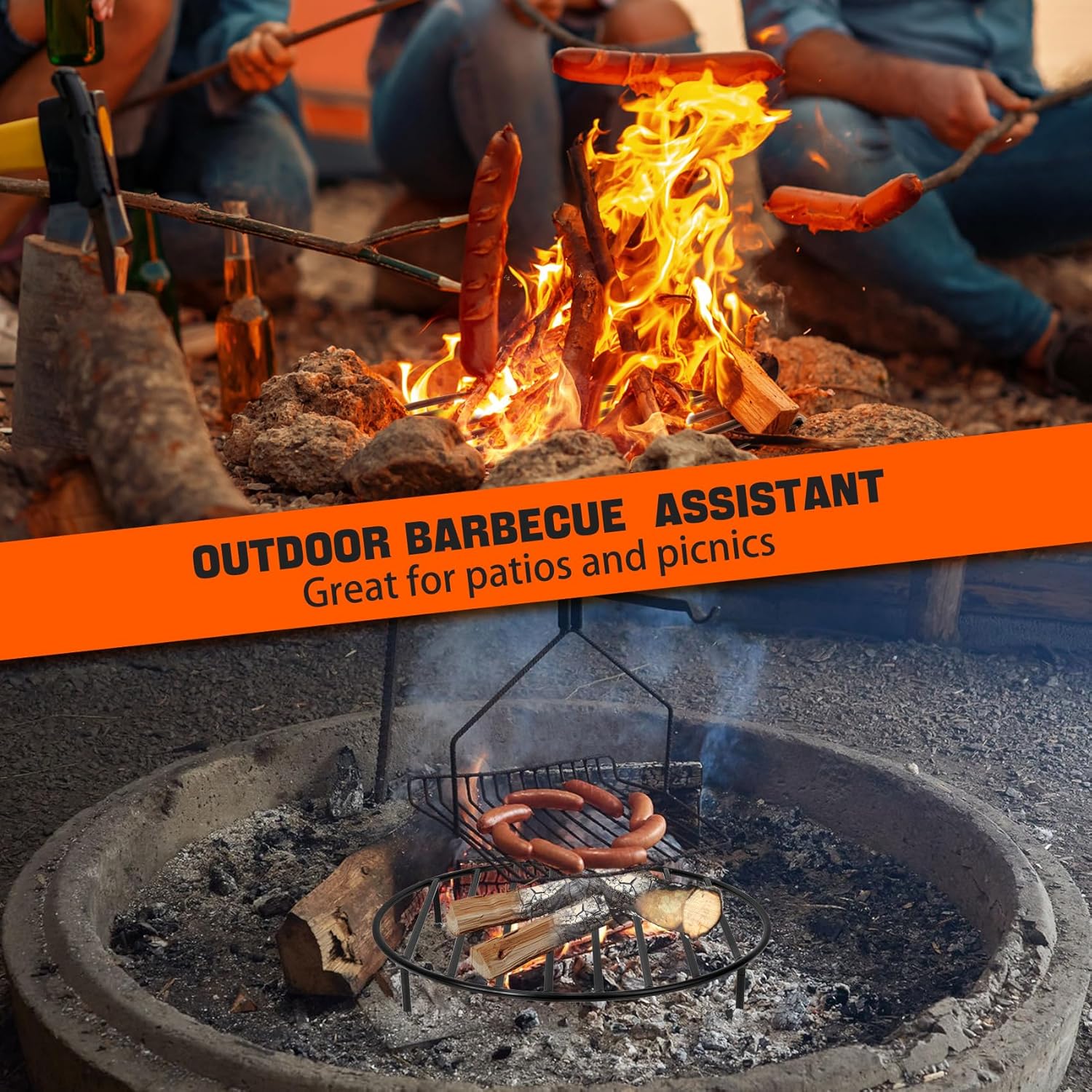 only fire Round Fire Pit Grate with 4 Legs for Outdoor Campfire Grill Cooking, 30 Inch