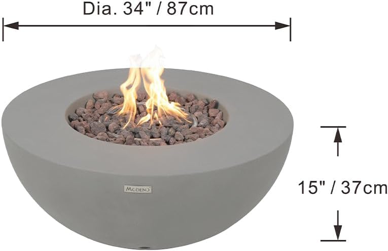 Modeno ROCA Outdoor Gas Firepit Table 34 Inches Fire Pit Patio Heater Concrete Outside Electronic Ignition Backyard Fireplace Cover Lava Rock Included Natural Gas
