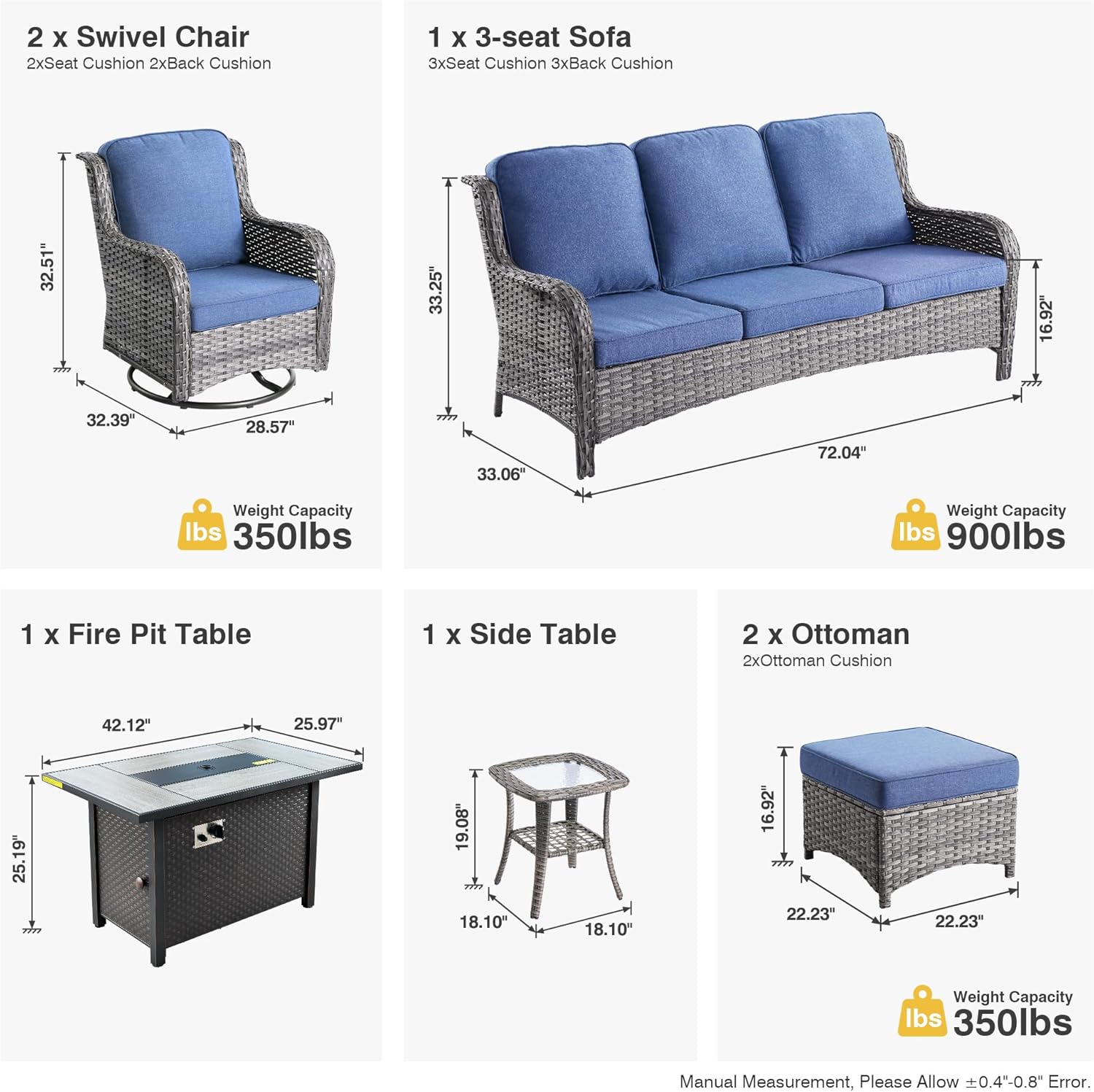 HOOOWOOO 7-Piece Outdoor Patio Furniture Set with Fire Pit Table, PE Wicker Sectional Sofa with Swivel Rocking Chairs, All-Weather Patio Conversation Set for Backyard,Garden, Balcony