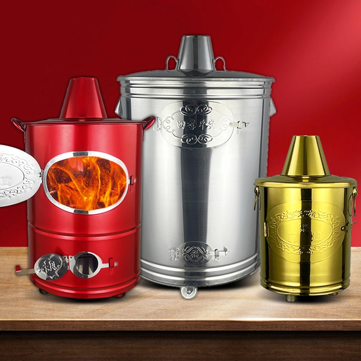 Stainless Steel Firepit Incinerator Paper Burner with Lid Burn Barrel for Outside Burning Trash Leaves Bonfire fire Pit with Handle for Home and Garden.(Medium-Red)