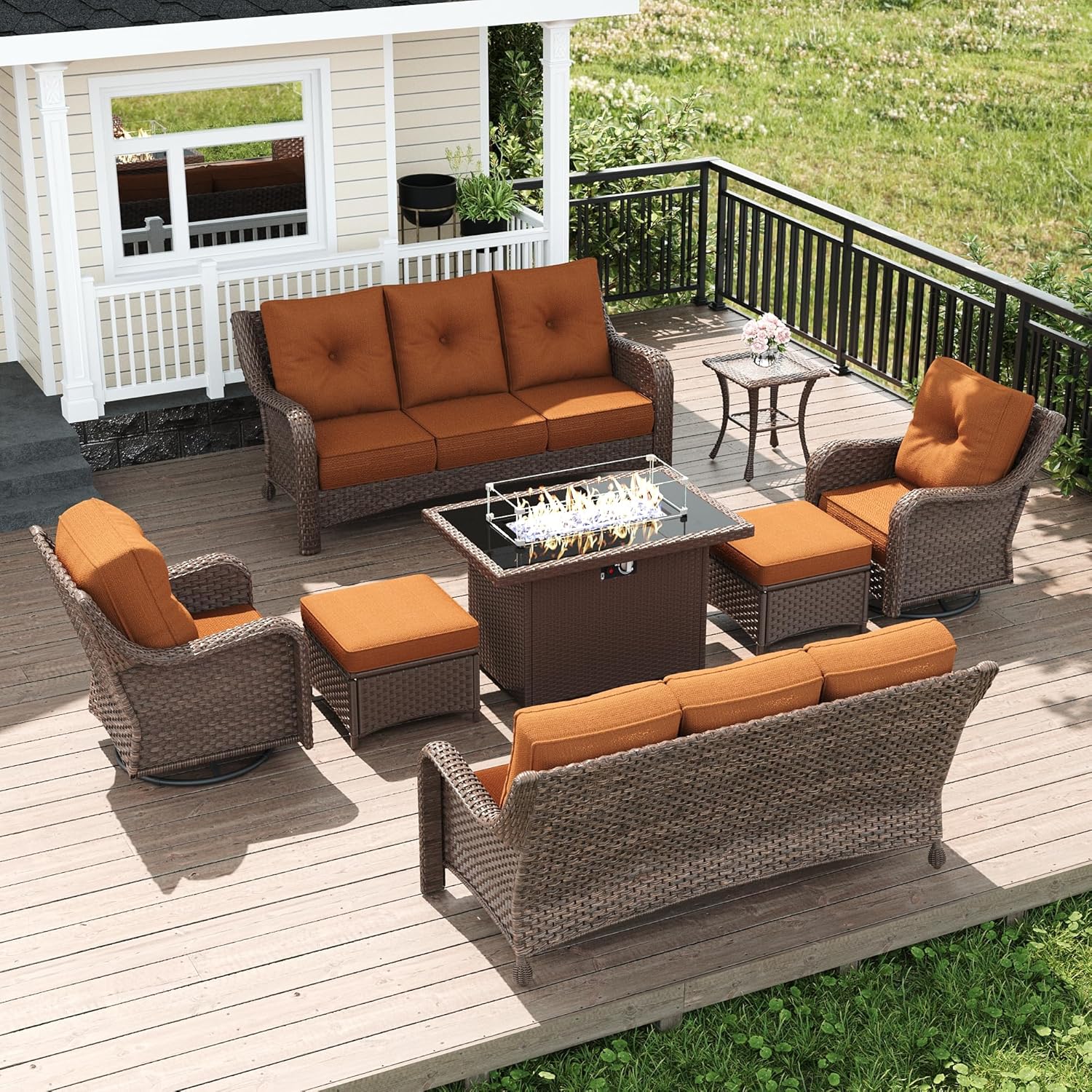 LayinSun 8 Piece Wicker Outdoor Furniture Set with 6-inch Comfy Cushions, High Back Patio Furniture Set with Swivel Rocking Chairs and Fire Pit Table