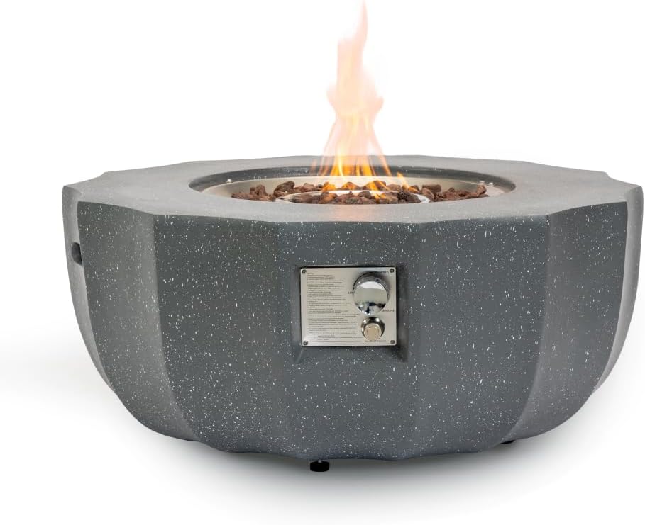 36 Inch Round Propane Fire Pit Table with Concrete Base for Patio, Backyard, Garden - Gray Finish with Lava Rocks & Rain Cover