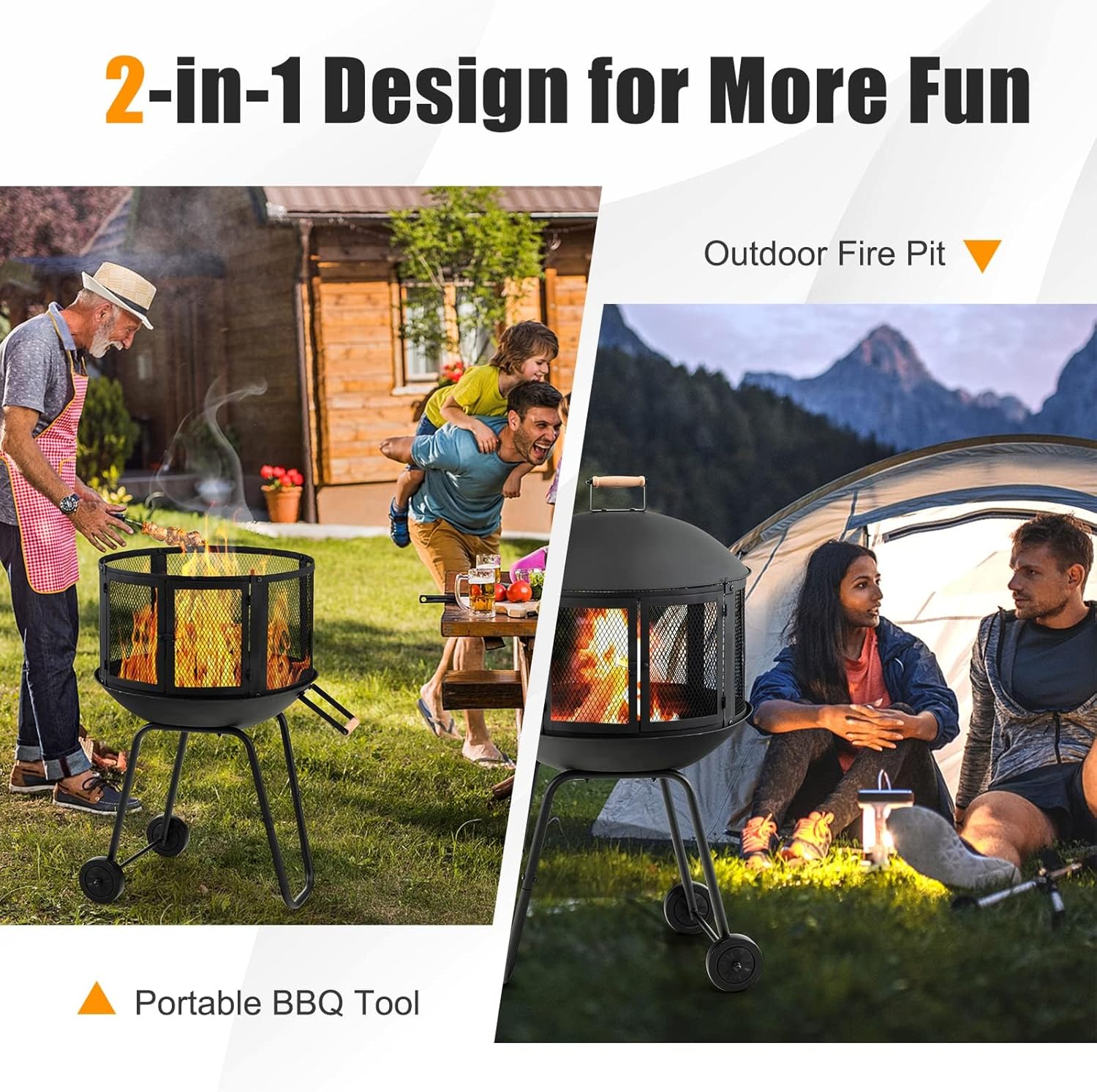 HAPPYGRILL 28” Outdoor Fire Pit, Rolling Patio Wood Burning Firepit with Lockable Doors, Fire Poker, Pine Wood Handle & Wheels, Heavy Duty Fire Pit for BBQ Entertaining Camping