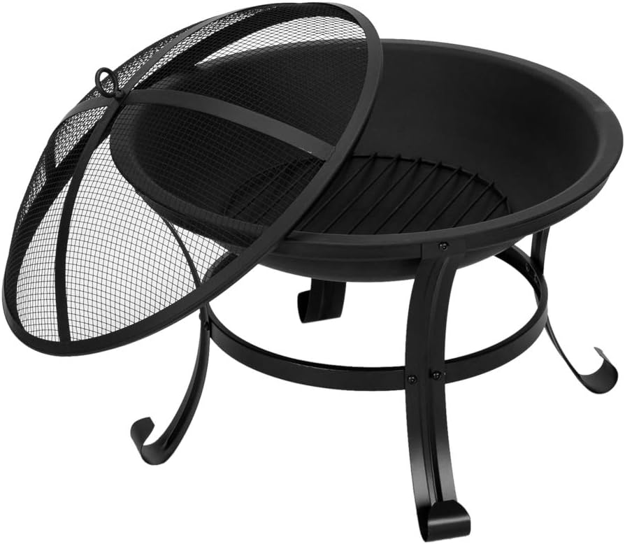 22 Inch Fire Pit, Wood Burning Fire Pits for Outdoor with Mesh Lid and Fire Picker, Durable Small Outside Fireplace for Bonfire, Backyard, Porch, Camping, Deck, Black