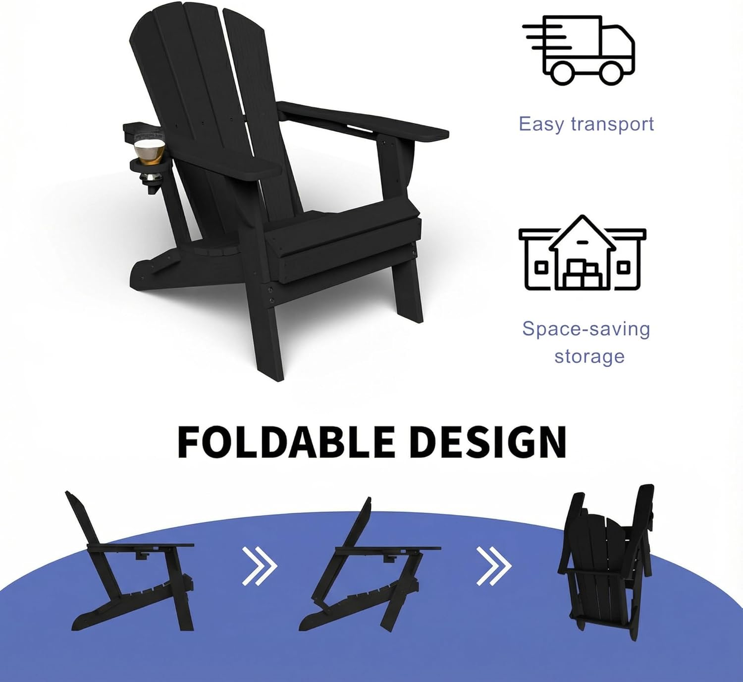 GLANC Folding Adirondack Chair Set of 2, HDPE All-Weather Outdoor Patio Fire Pit Chairs Lawn Chair for Poolside Backyard Deck Balcony, Wooden Textured with Cup Holder, 380LBS Capacity (Black)