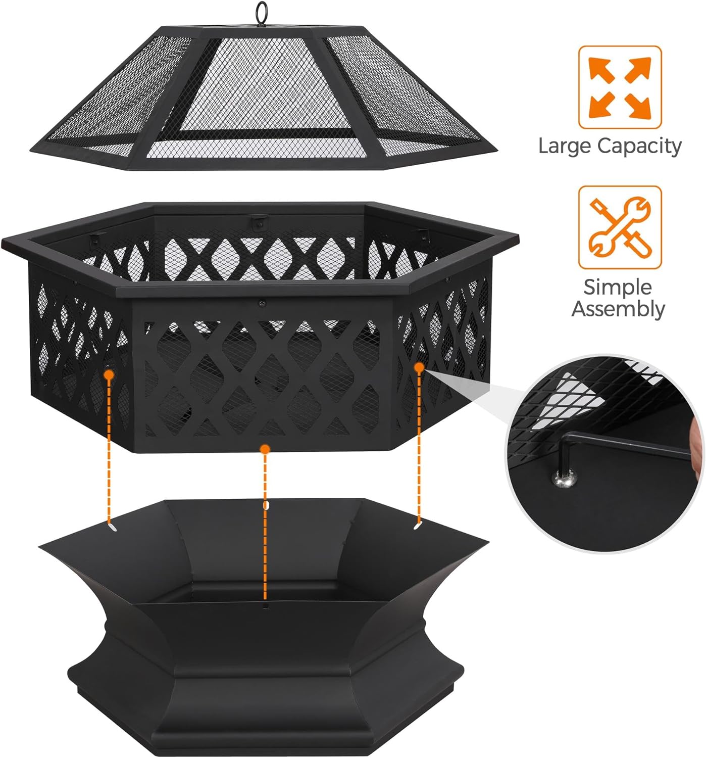 Yaheetech Fire Pit Fire Pits for Outside 24in Hex Shaped Firepit Bowl with Spark Screen & Poker for Patio Backyard Garden Picnic Bonfire Camping