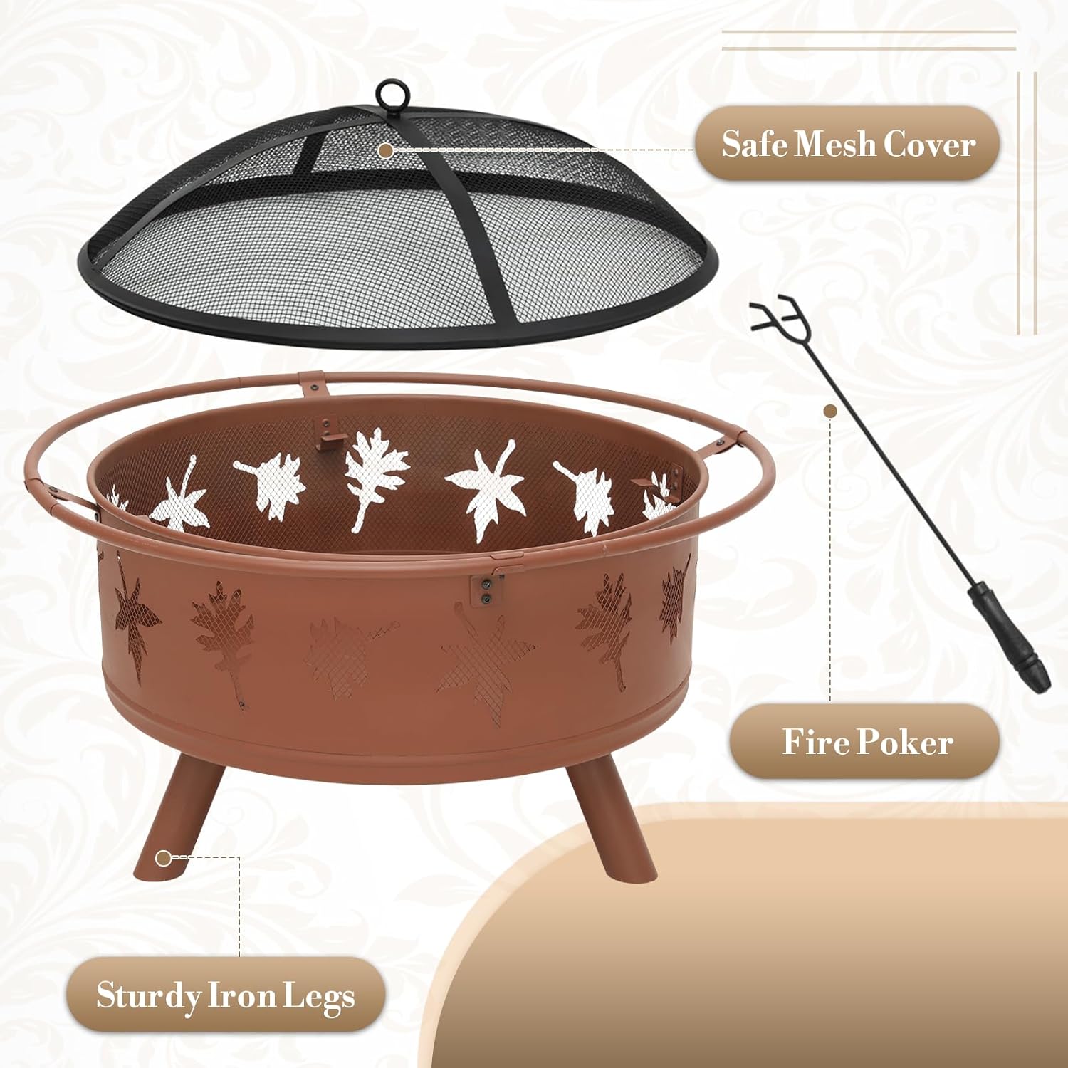 Athena Collection 32 in Fire Pit for Outside Large Wood Burning Firepit Leaf Pattern Iron Firepit Bowl Stove Round Outdoor Fireplace for Camping Heating BBQ Bonfire with Spark Screen Log Grate Poker