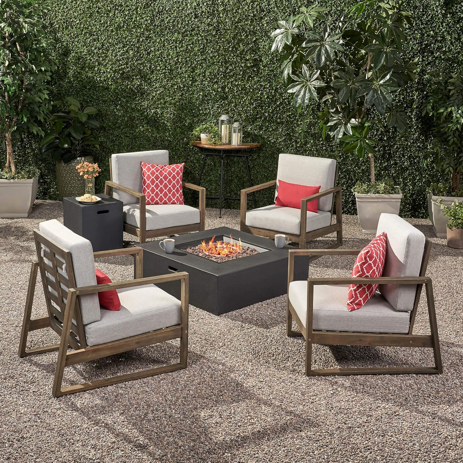 Great Deal Furniture Outdoor 4 Seater Chat Set with Fire Pit, Gray Finish, Light Gray, and Dark Gray