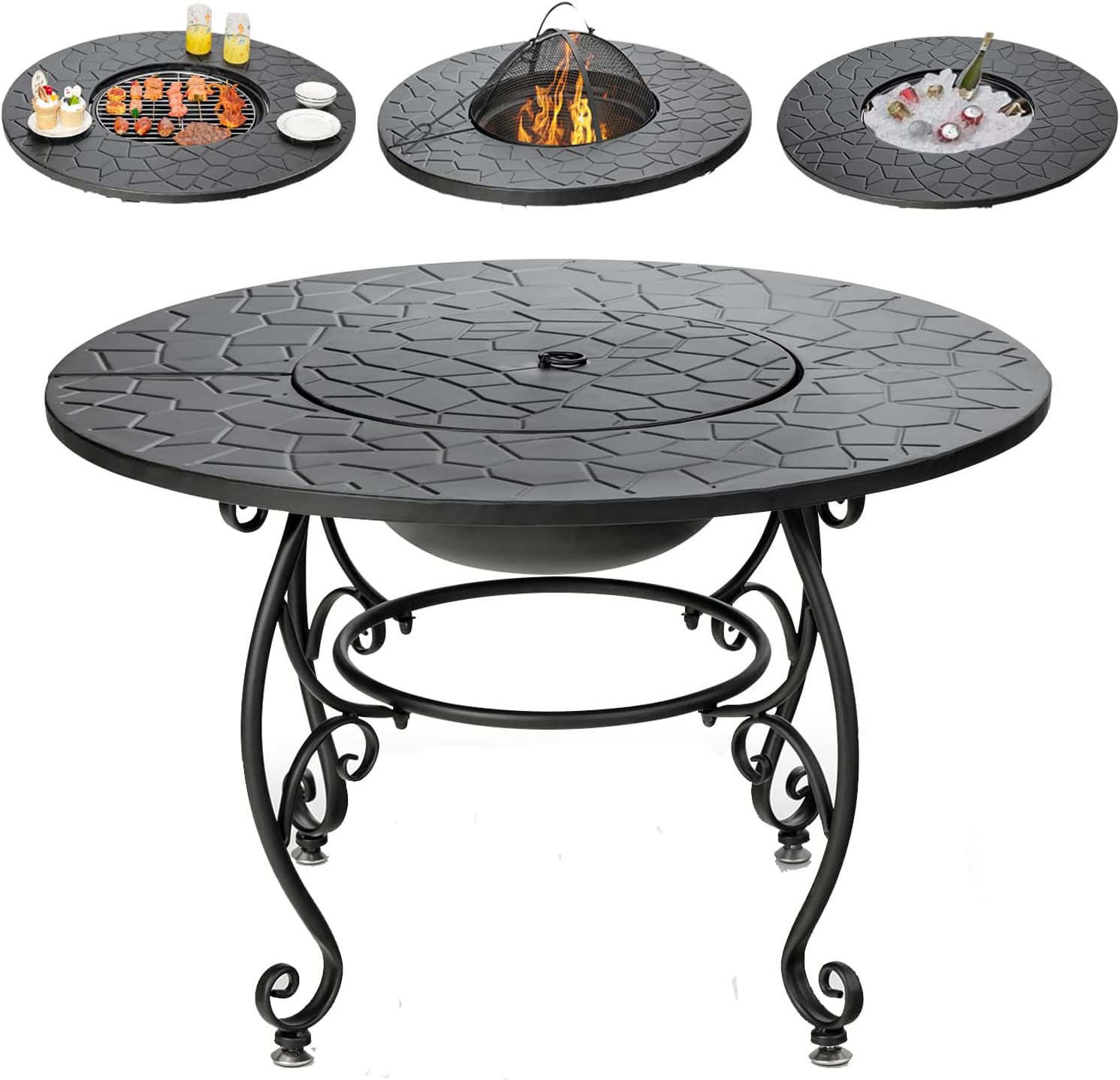 Giantex Fire Pit Table 4-in-1 Outdoor Dining Table, 36 Inch Multifunctional Metal Round Patio Table, Wood Burning Fire Pits with Cover, Grill Grate, Poker for Garden, Poolside, Backyard Fireplace