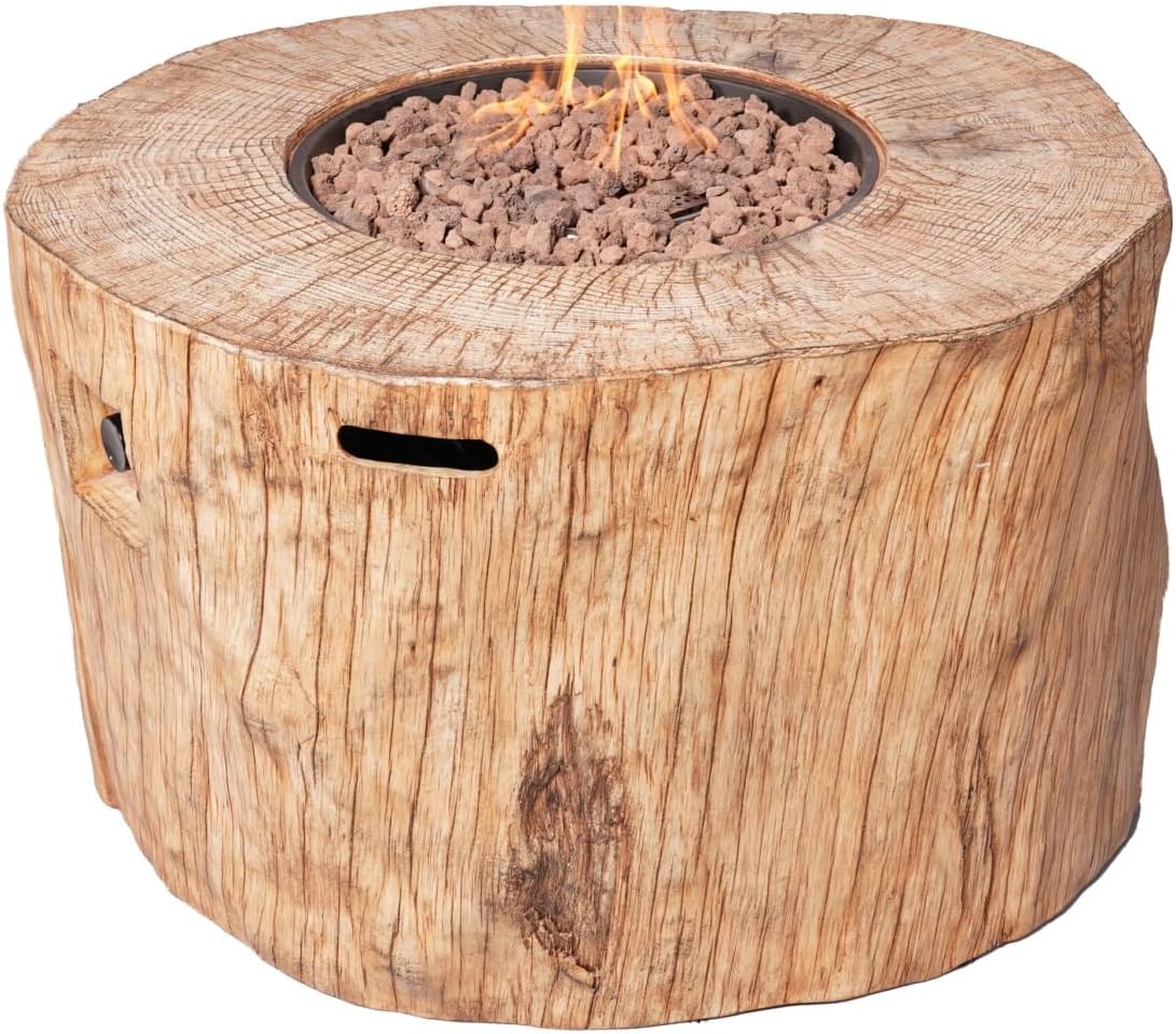 24 x 37 x 40 in. Brown Faux Wood Stump Propane Round Fire Pit with Cover