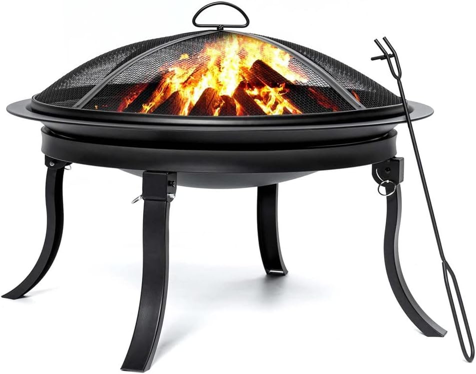 24inch Portable Fire Pits with 4 Foldable Legs Wood Burning Firepit Steel BBQ Grill Fire Bowl for Outdoor Camping Supply