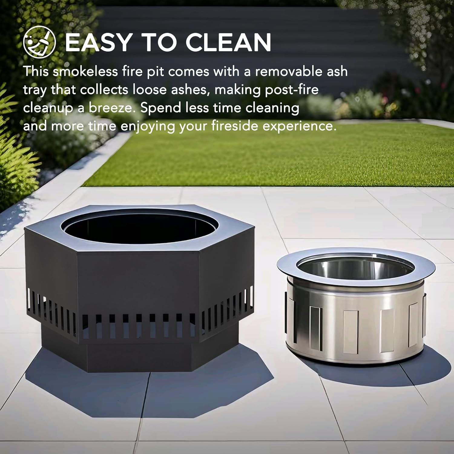 Sunjoy 28 in Smokeless Fire Pit with Removable Ash Pan, Outdoor Portable Hexagonal Wood Burning Fireplace with PVC Cover and Fire Poker,Ideal for Camping, Bonfire, and Backyard, Black