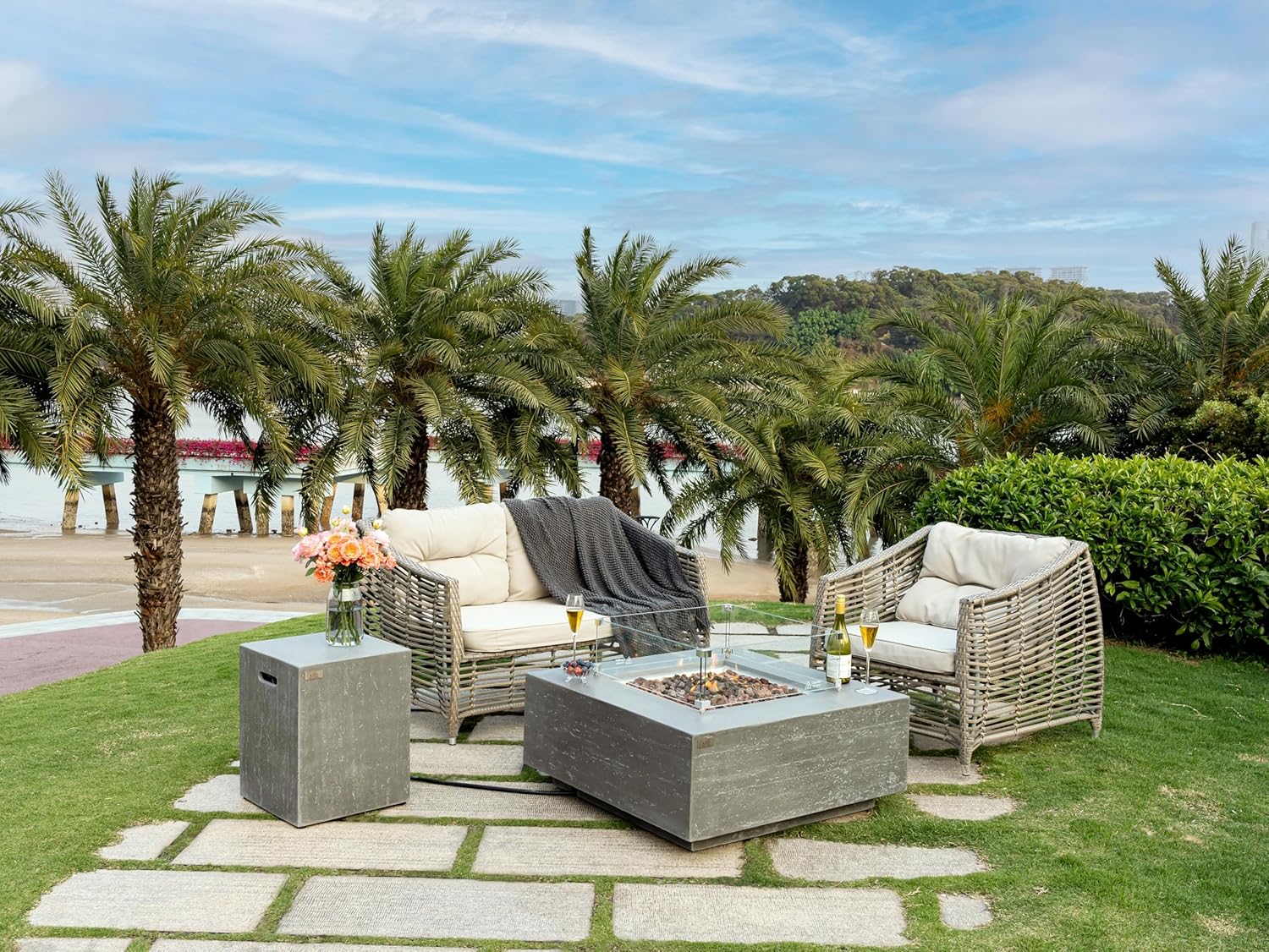 AMS Creations | Albany 36 inches Square Propane Gas Outdoor Fire Pit Table | Concrete GFRC Fire Pit Table | with SS Lid, Canvas Cover, Tank Cover, Lava Rock and Wind Guard Included