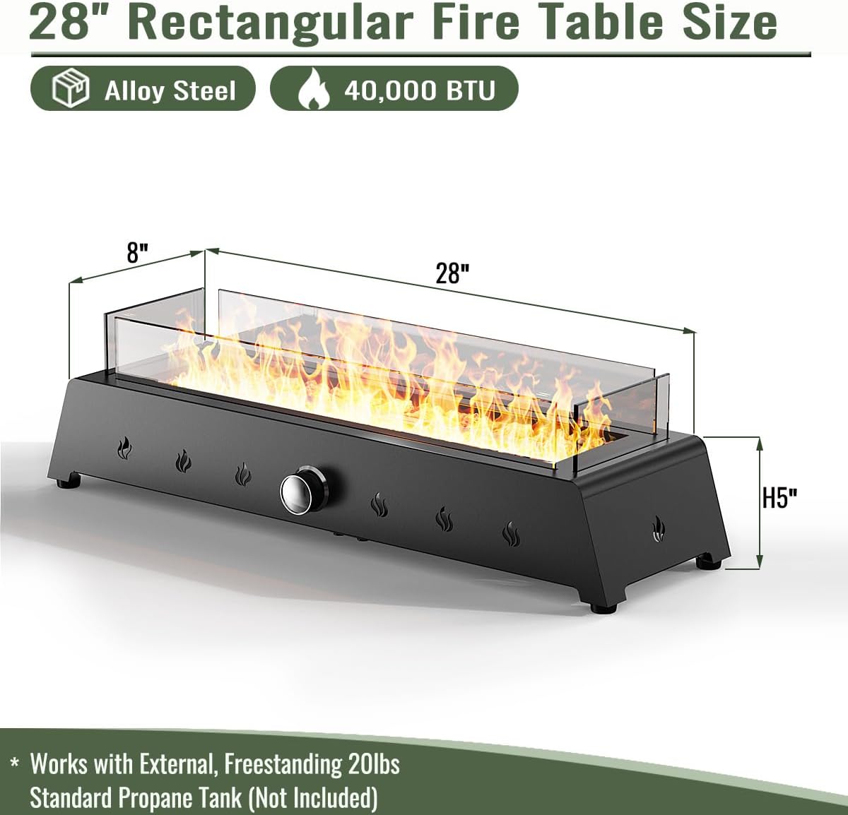Large Table Top Fire Pit, 28 inch Propane Gas Fire Pit with Quick Connect Joint, Glass Wind Guard and Lava Rock, Outdoor Tabletop Fire Pit, Firepits for Outside, Patio, Garden, Yard Party or Dinning