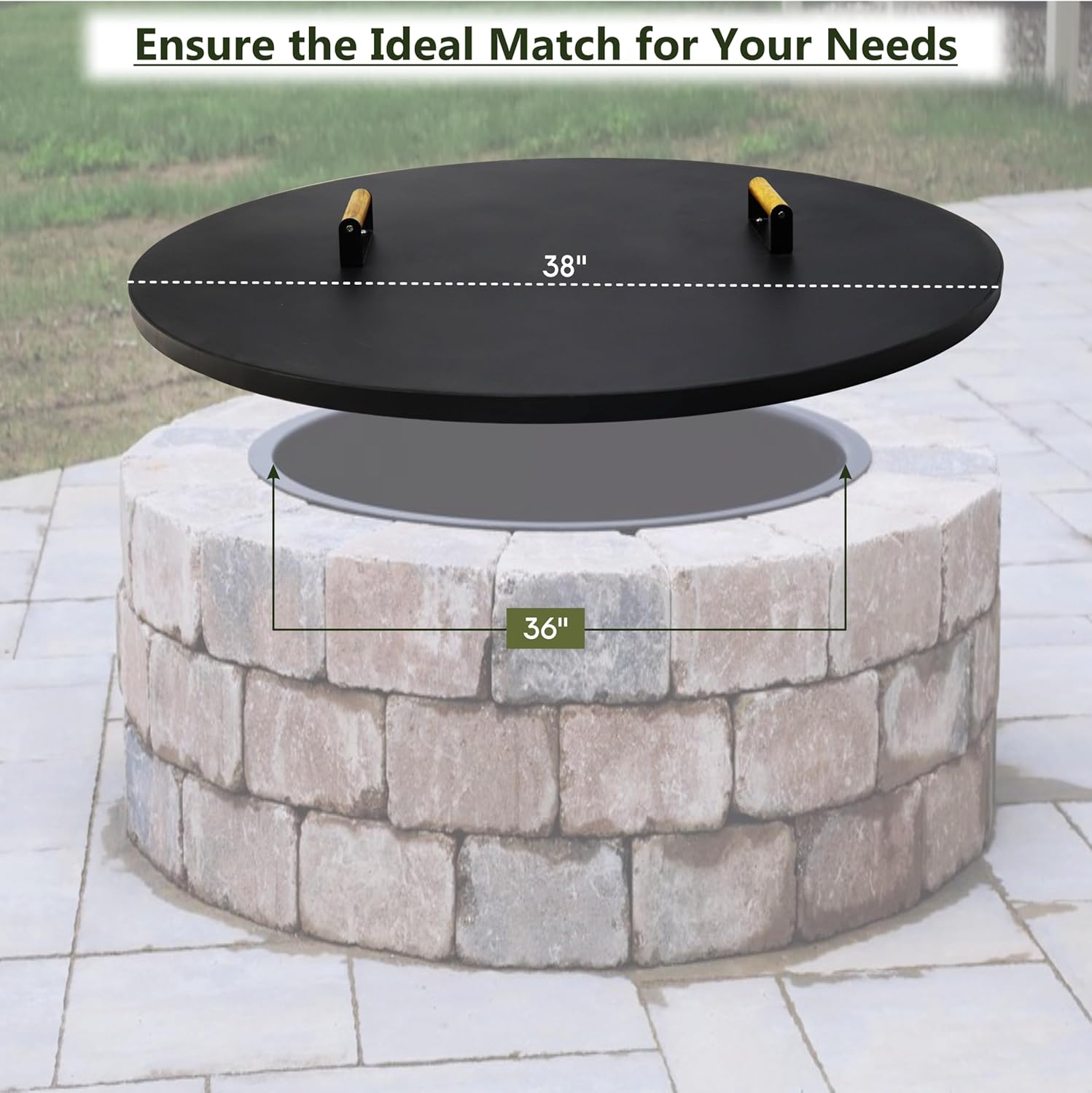 Febtech 38 Inch Solid Firepit Shield - 16 Gauge Heat Resistant Coated Carbon Steel Fire Pit Cover Round with 2 Ergonomic Wooden Handles - Fit for Fire Pit Inside Dia Up to 36