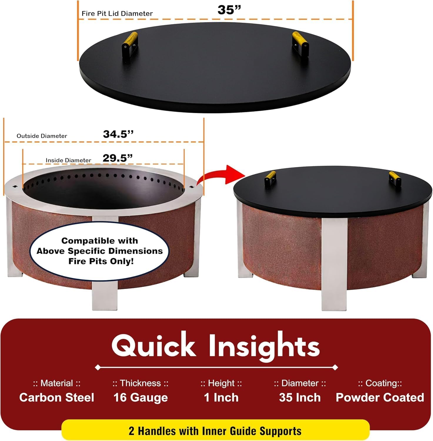35” Round Fire Pit Lid – Powder Coated Fire Pit Cover Lid Round for Outdoor Fireplace -16 Gauge Steel Flat FirePit Burner Pan Cover with Dual Wooden Handles Snuffer Lid for Round Patio FirePit Ring