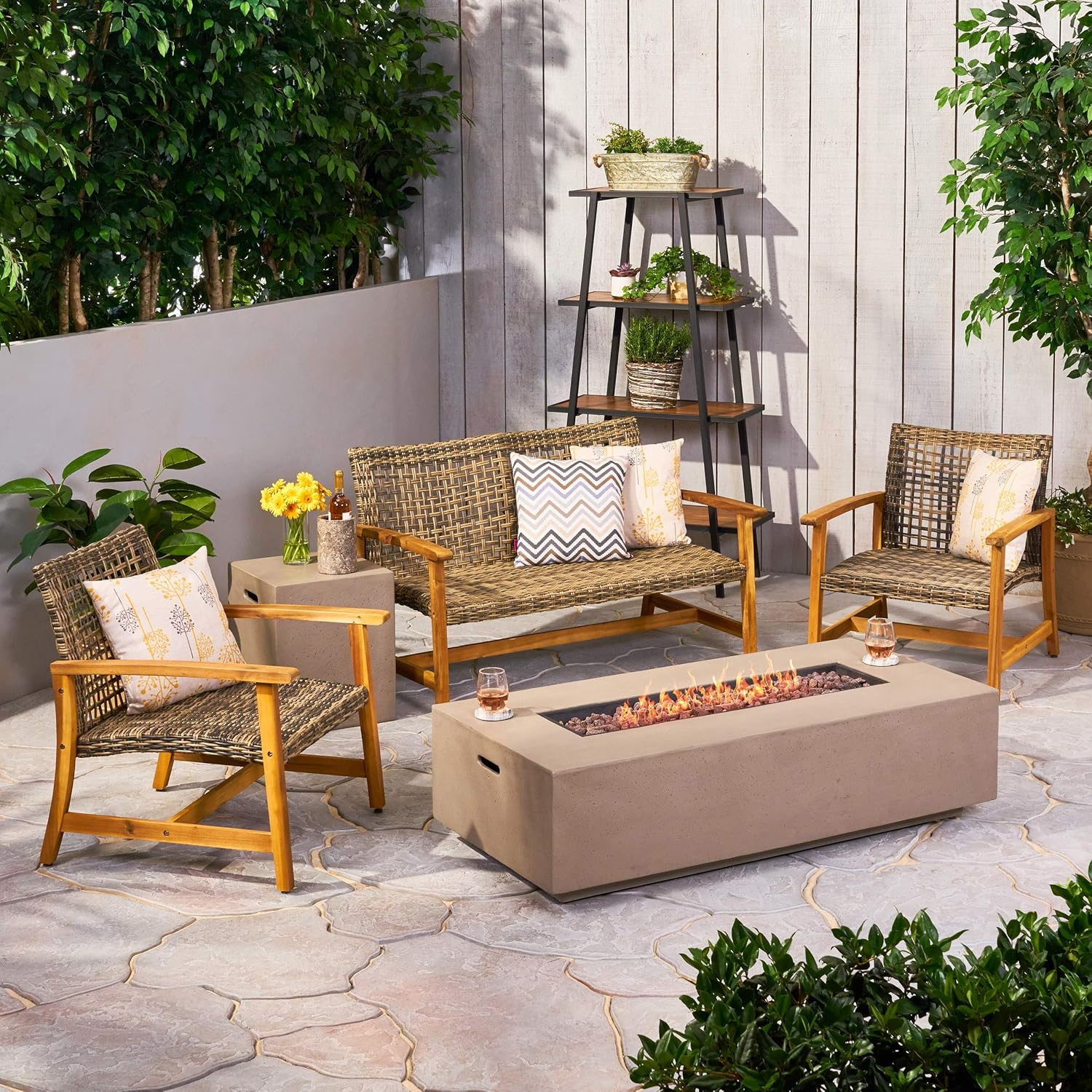 Great Deal Furniture GDFStudio Outdoor 5 Piece Wood and Wicker Chat Set with Fire Pit, Gray and Light Gray