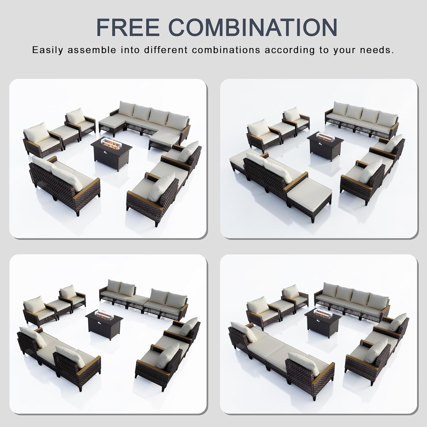 15 Pieces Outdoor Furniture Set, Modern Patio Conversation Sets with Fire Pit Table and Armchairs, Wicker Rattan Sofa Couches Chairs Ottomans for Porch, Deck, Balcony, Backyard, Yard (Beige Cushions)