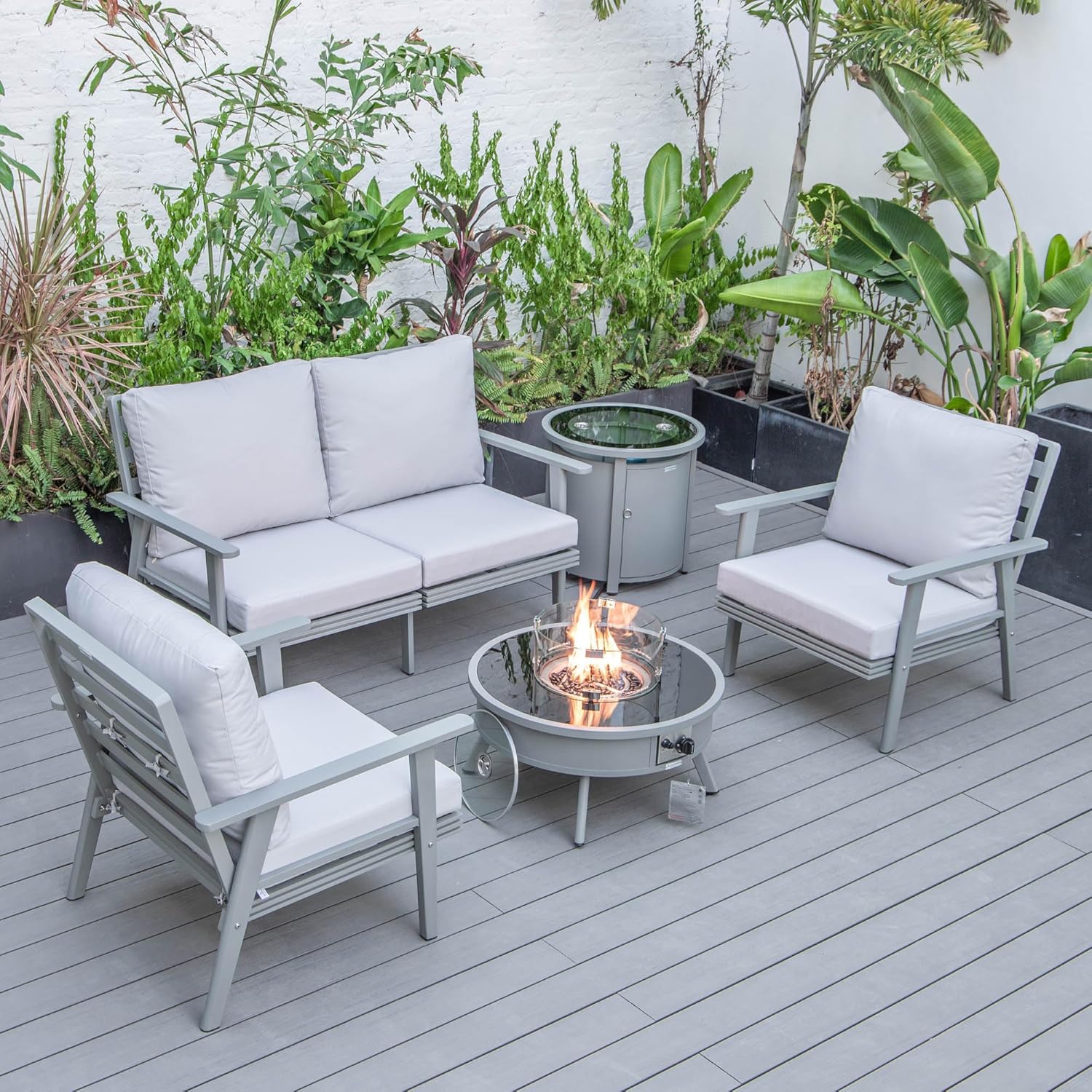 LeisureMod Walbrooke Modern Aluminum 5-Piece Patio Conversation Set with Outdoor Round Firepit Side Table Tank Holder, Light Grey